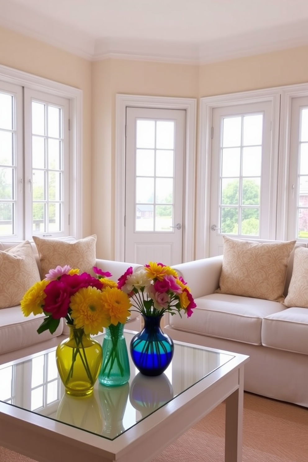 A bright and airy small living room filled with natural light. There are colorful vases on the coffee table displaying fresh flowers in vibrant hues. The walls are painted in a soft pastel shade, creating a cheerful atmosphere. A comfortable sofa with patterned cushions is positioned to invite relaxation and conversation.