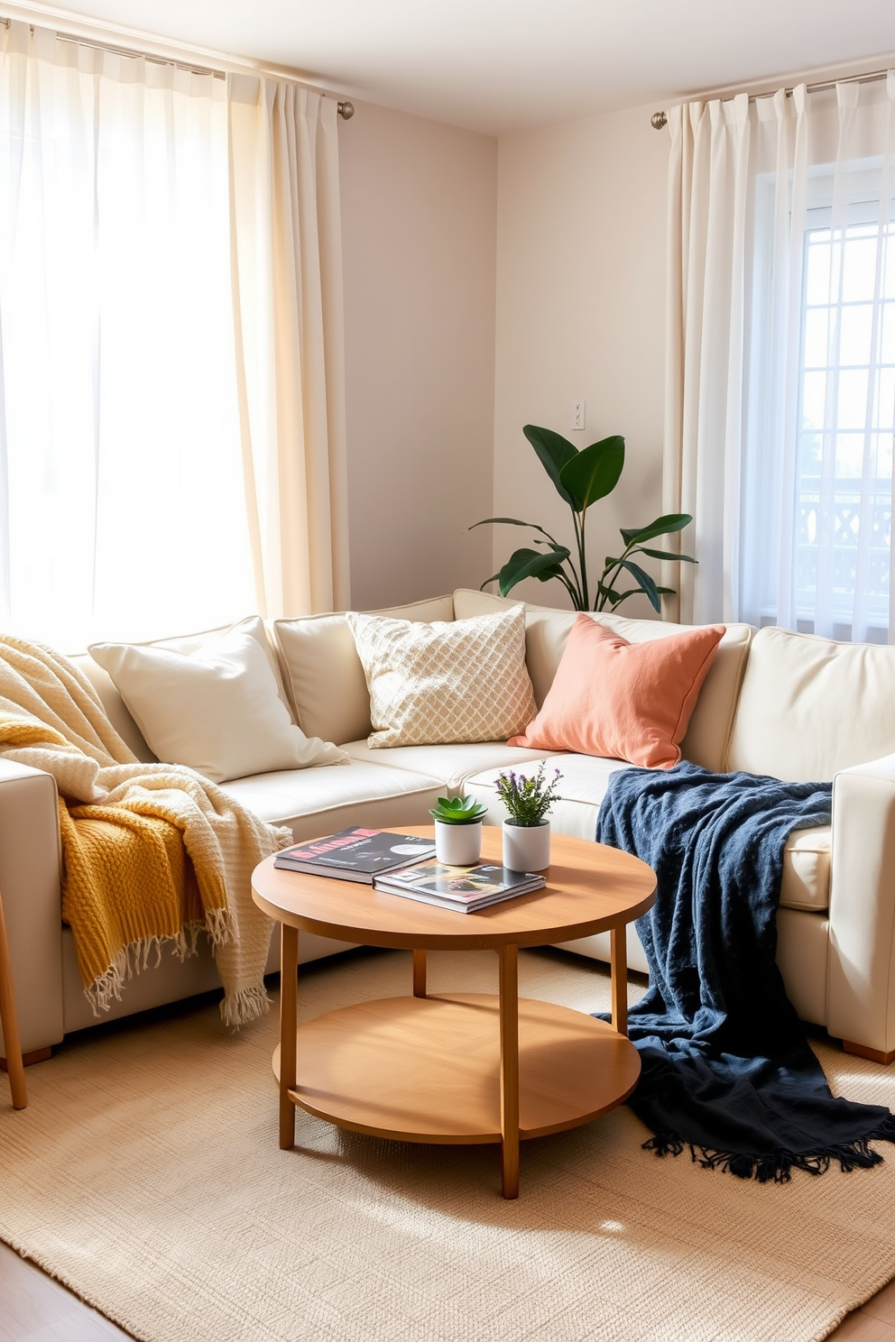 A cozy summer small living room is designed with soft, lightweight throws draped over a light-colored sofa. A round coffee table sits in the center, adorned with a stack of vibrant magazines and a small potted plant. The walls are painted in a soft pastel hue, enhancing the airy feel of the space. Natural light floods in through sheer curtains, creating a warm and inviting atmosphere perfect for relaxation.