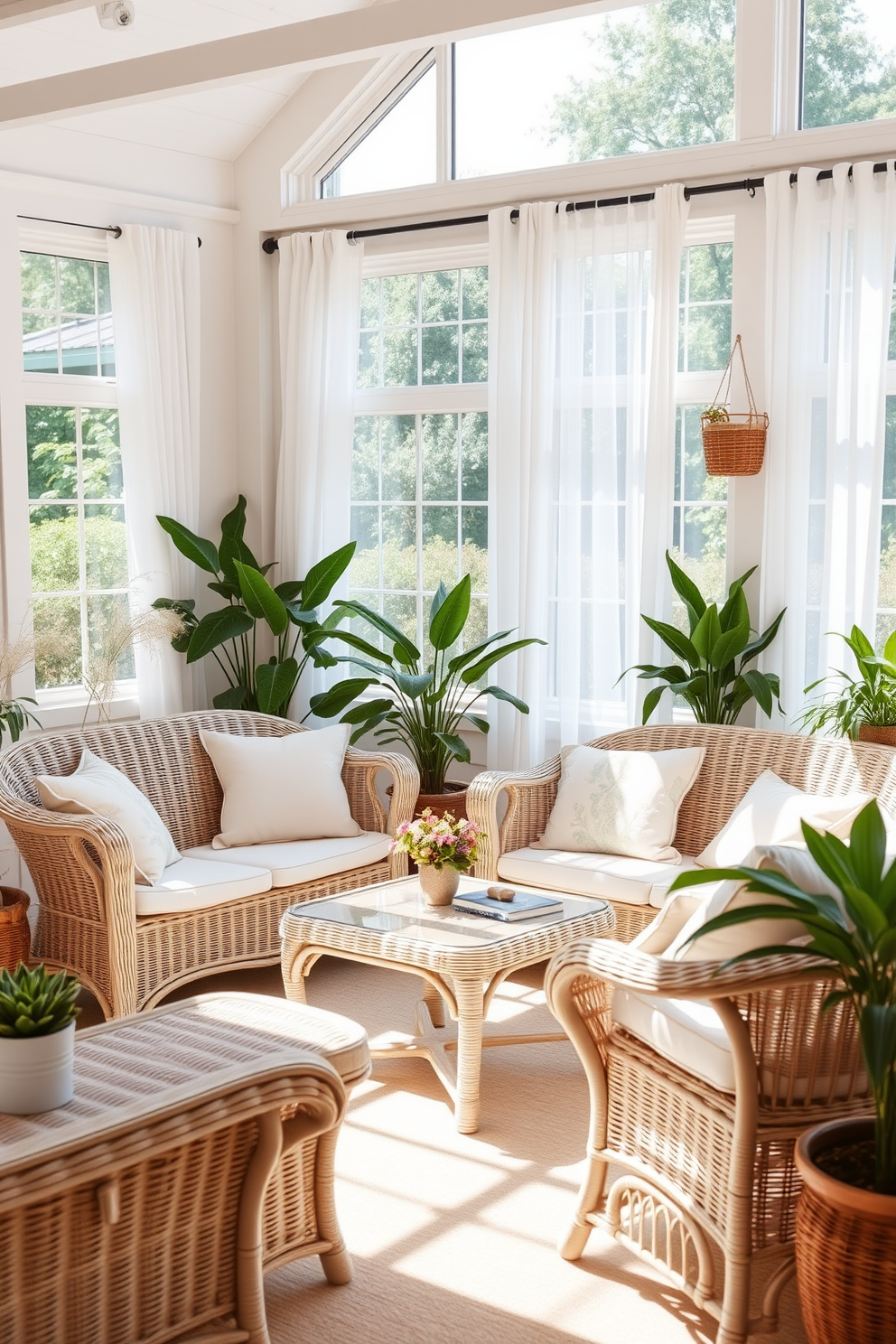 A cozy summer living room filled with wicker furniture that brings a breezy and relaxed atmosphere. The space features a light-colored wicker sofa adorned with soft pastel cushions, complemented by a matching wicker coffee table. Natural light floods the room through large windows dressed with sheer white curtains. Potted plants are strategically placed around the room, enhancing the fresh and airy vibe of the decor.