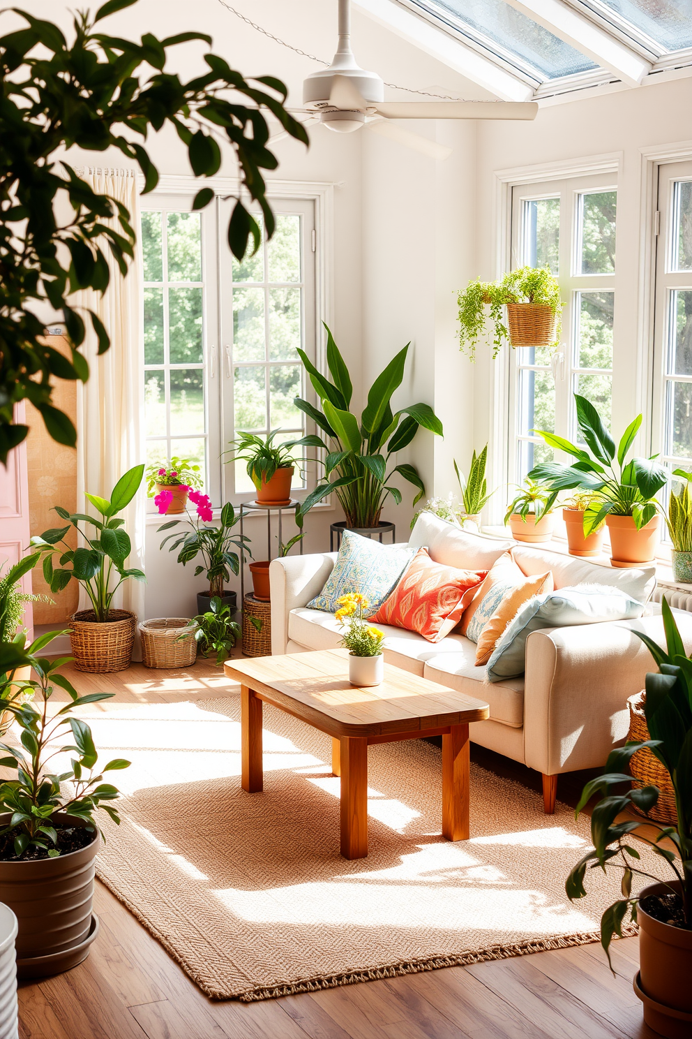 A cozy summer living room filled with natural light. There are several potted plants strategically placed around the room, adding vibrant greenery to the space. The main seating area features a light-colored sofa adorned with colorful cushions. A wooden coffee table sits in the center, surrounded by a soft area rug that complements the overall decor.