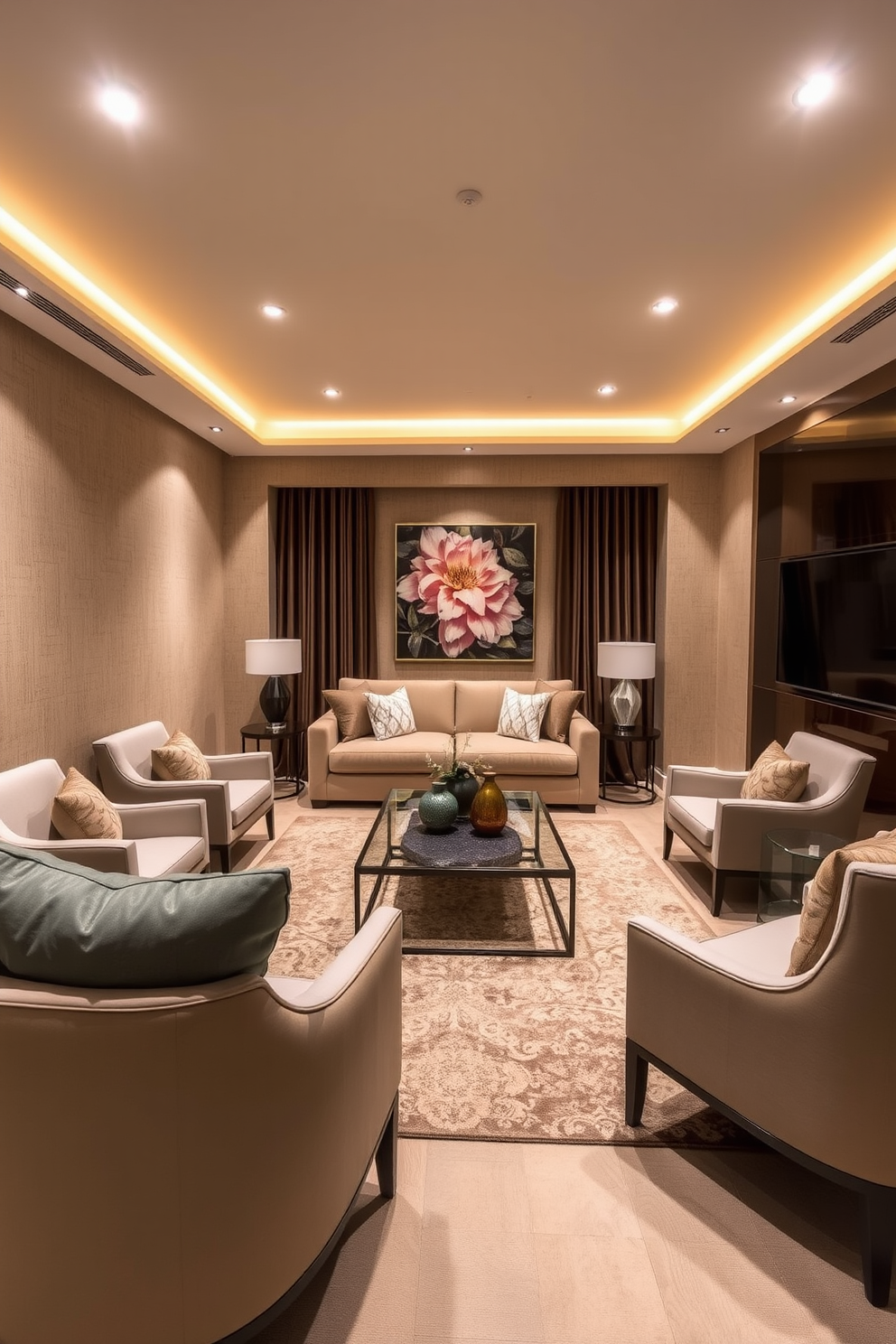 Accent lighting creates a warm and inviting atmosphere in the sunken living room. Soft, recessed lights are installed in the ceiling, illuminating the space while highlighting the textured walls and plush furnishings. The sunken living room features a cozy sectional sofa surrounded by elegant accent chairs. A sleek coffee table sits in the center, complemented by a statement rug that ties the color palette together.