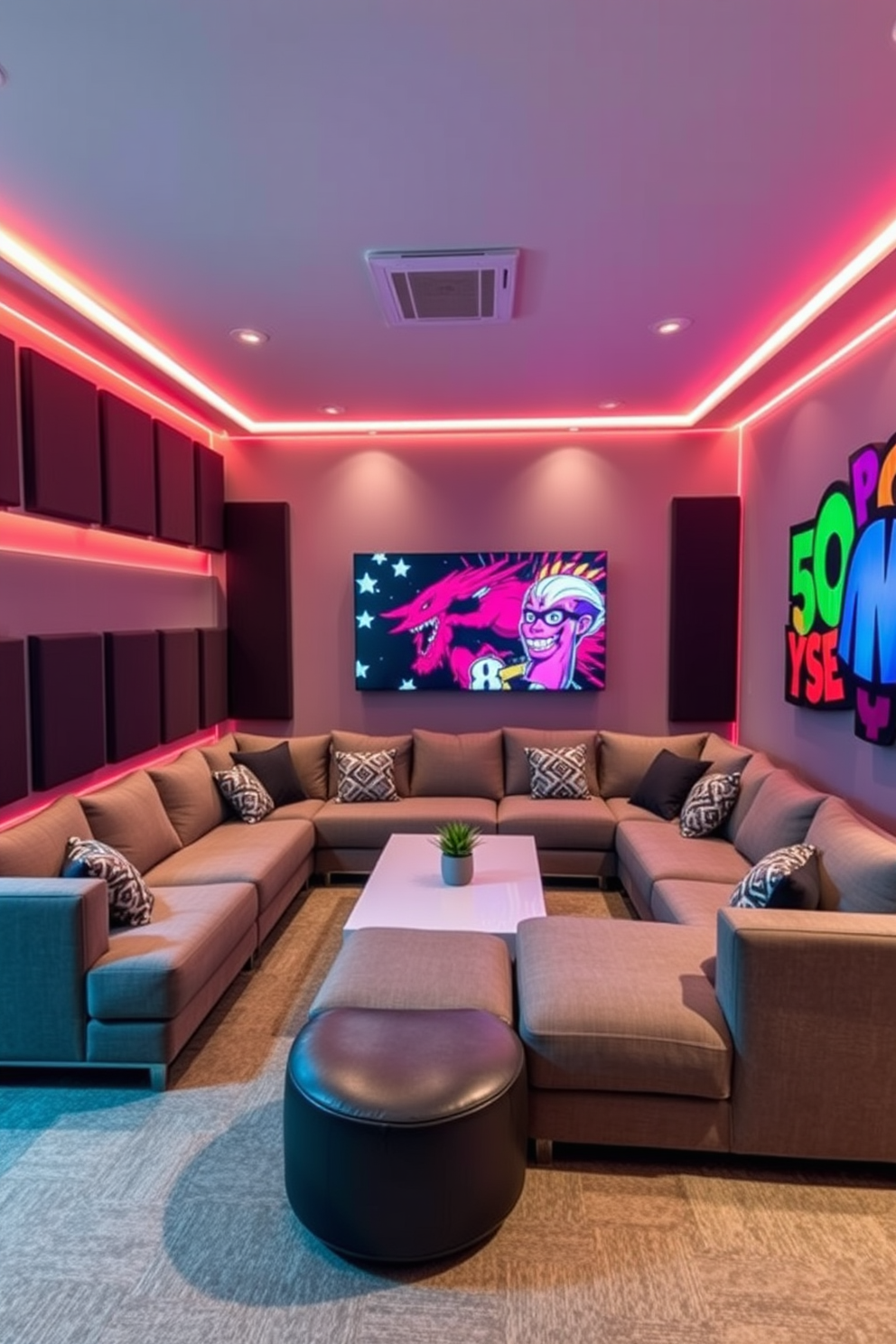 A stylish teenager game room featuring soundproofing panels on the walls to minimize noise disruption. The room includes a large sectional sofa arranged around a sleek coffee table, with vibrant wall art and LED lighting creating an energetic atmosphere.