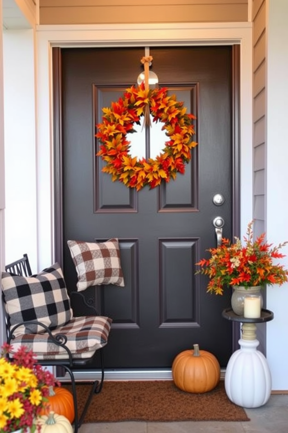 A warm autumn wreath adorned with vibrant orange and yellow leaves hangs on the front door, welcoming guests with seasonal charm. The entryway features a cozy bench with plaid cushions and a small table decorated with pumpkins and candles to enhance the Thanksgiving spirit.