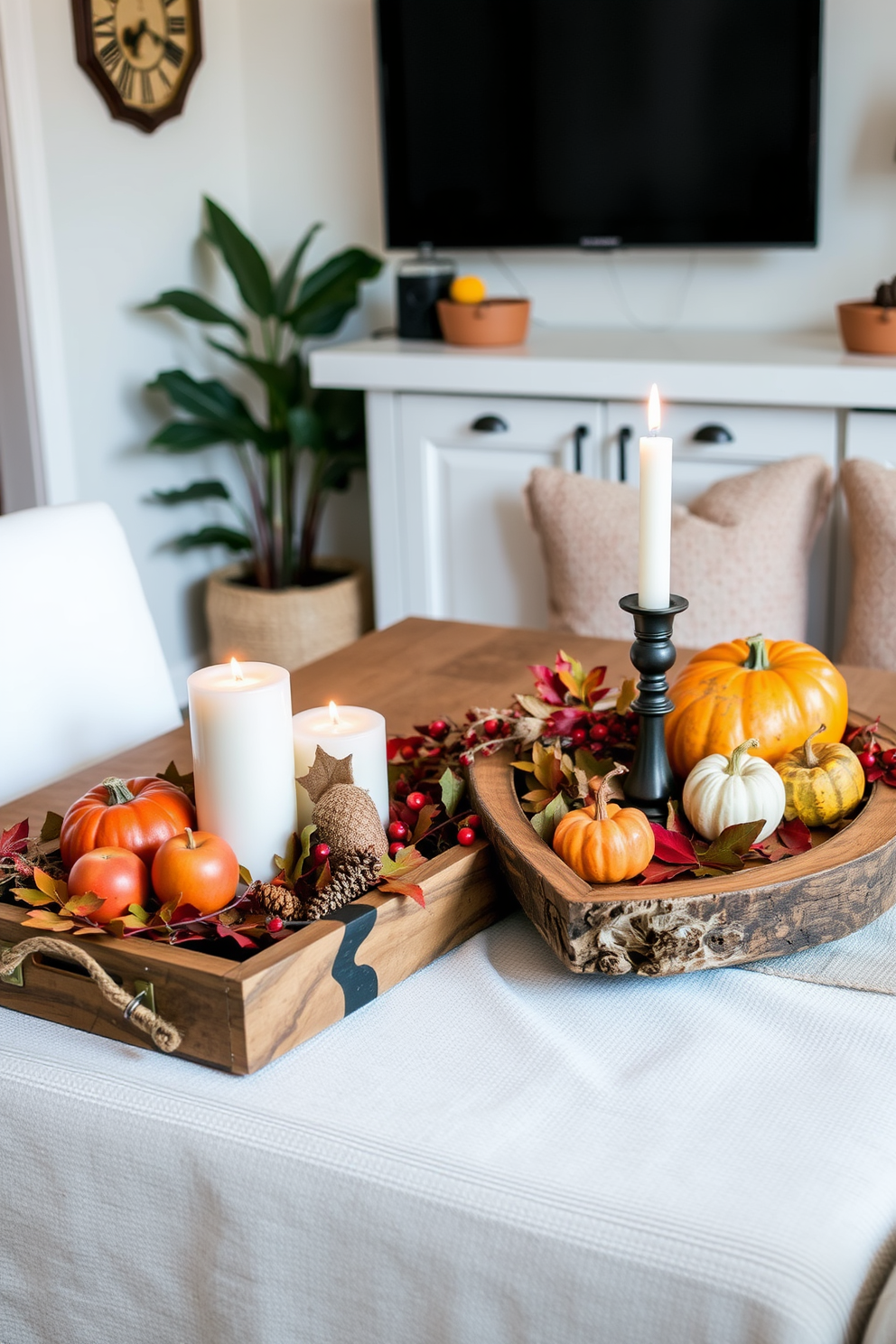 A cozy Thanksgiving apartment setting featuring rustic wooden serving trays as decorative elements. The trays are adorned with seasonal fruits, candles, and autumn leaves, creating a warm and inviting atmosphere.