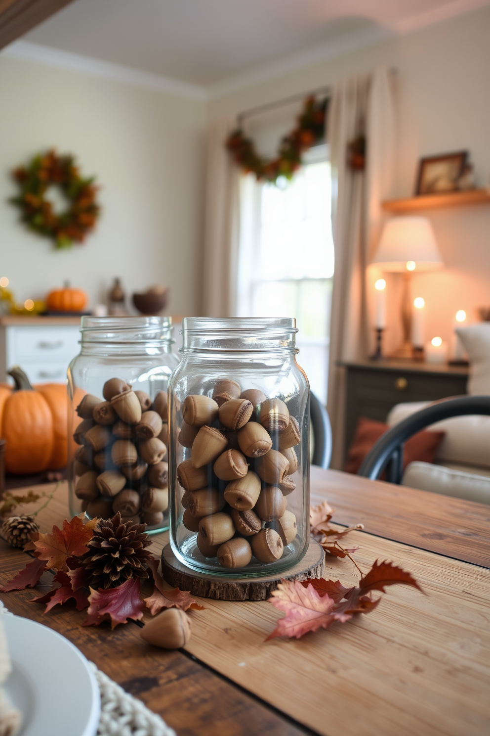 A cozy apartment setting decorated for Thanksgiving. Vintage glass jars filled with acorns are placed on a rustic wooden table, surrounded by warm autumnal colors and soft candlelight.