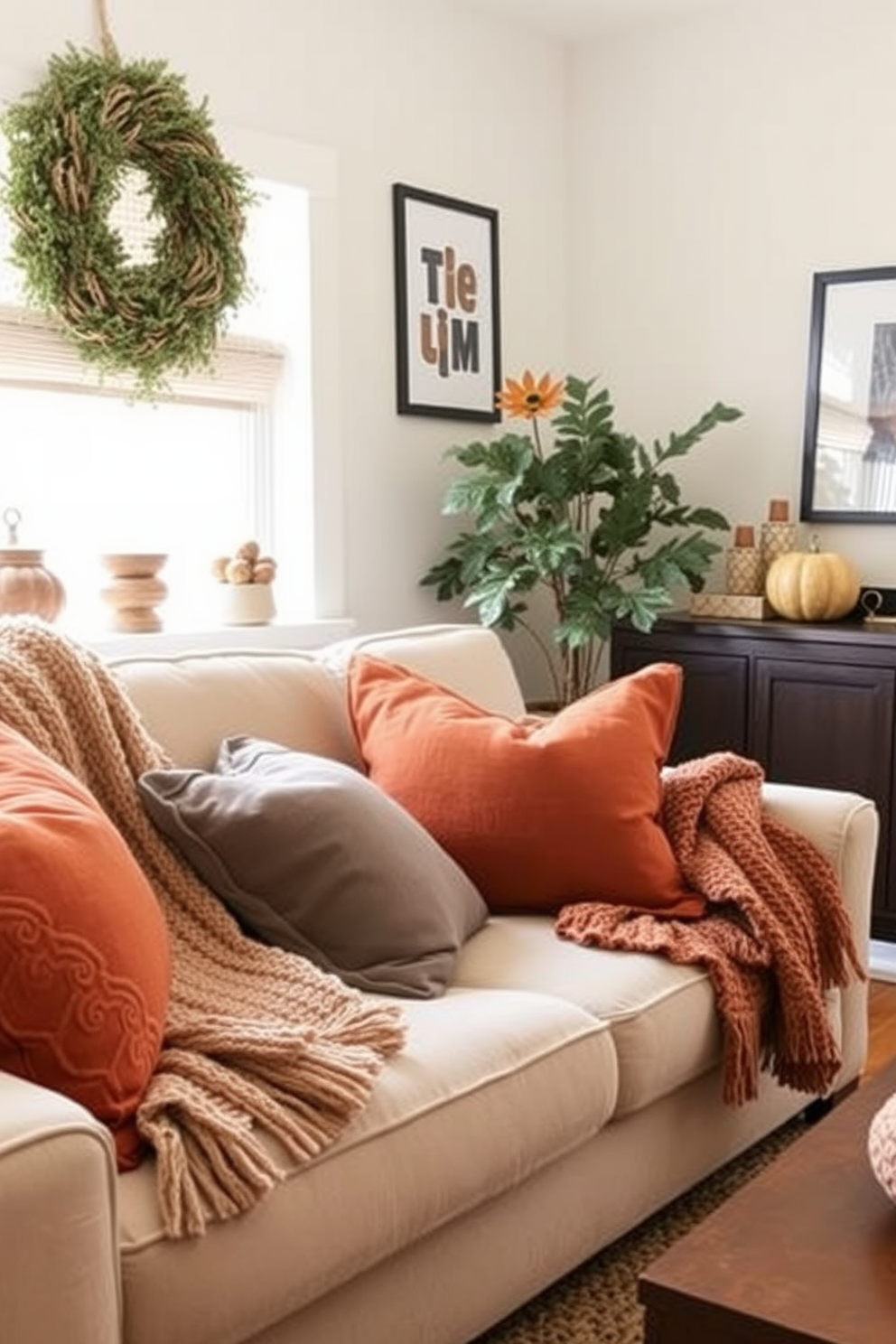 Create a cozy Thanksgiving apartment setting featuring layered textures throughout the space. Incorporate knitted throws draped over a plush sofa, complemented by a mix of decorative pillows in warm autumn colors.