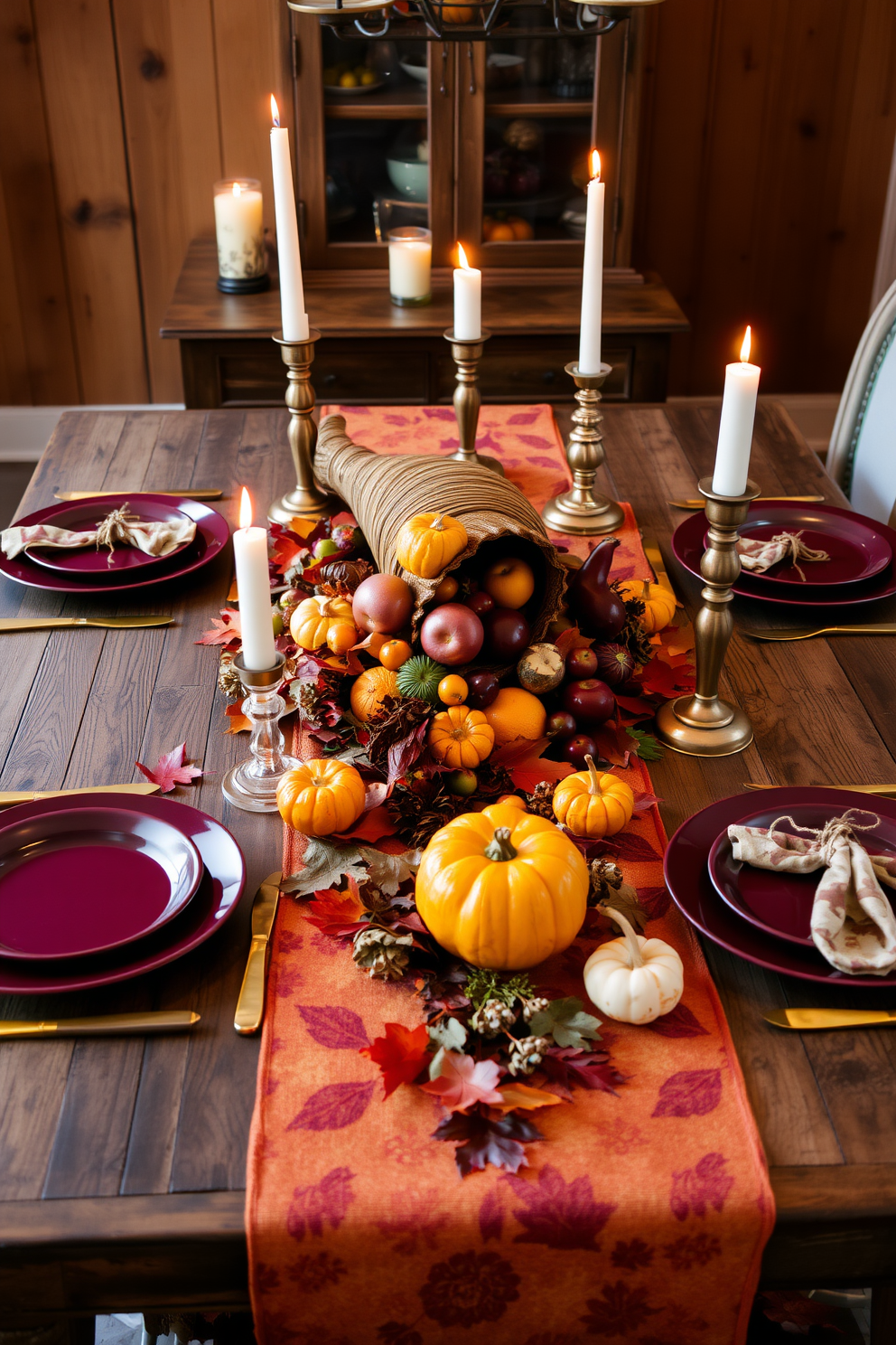A warm and inviting table setting for Thanksgiving features a rustic wooden table adorned with a vibrant autumn tablecloth. Centered on the table is a cornucopia filled with seasonal fruits and vegetables, surrounded by flickering candlelight in elegant holders. The place settings include deep burgundy plates and gold flatware, complemented by cloth napkins tied with twine. Small pumpkins and autumn leaves are scattered across the table for a festive touch, creating a cozy atmosphere perfect for gathering with family and friends.