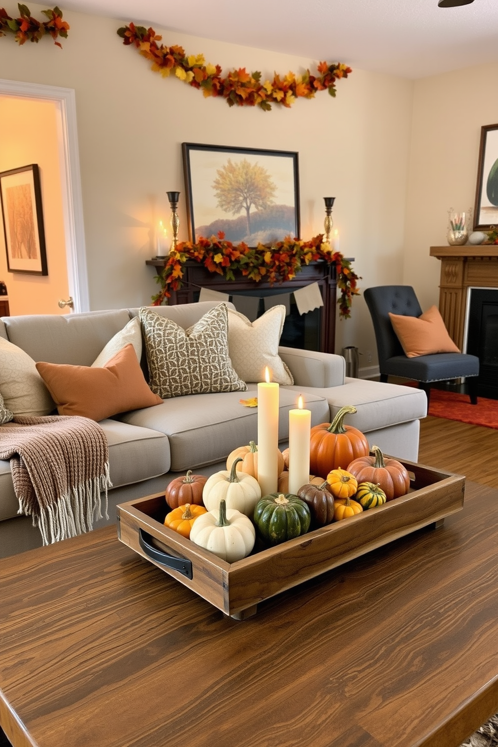 A cozy Thanksgiving-themed apartment featuring gourds and squash as decorative accents. The living room has a warm color palette with plush cushions and a soft throw blanket draped over a stylish sofa. On the coffee table, a rustic wooden tray holds an assortment of colorful gourds and squash, complemented by flickering candles. The walls are adorned with autumn-themed artwork, and a festive garland of leaves hangs above the mantel.
