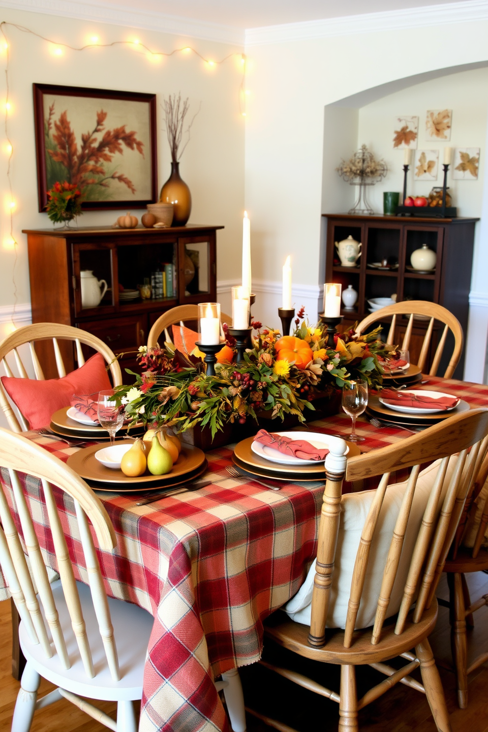 A cozy dining area set for Thanksgiving features a plaid tablecloth draped over a rustic wooden table. Surrounding the table are mismatched chairs, each adorned with soft cushions in warm autumn colors. The centerpiece is a bountiful arrangement of seasonal fruits and foliage, complemented by flickering candles in elegant holders. The walls are decorated with autumn-themed artwork, and a warm glow from string lights adds a festive touch to the atmosphere.