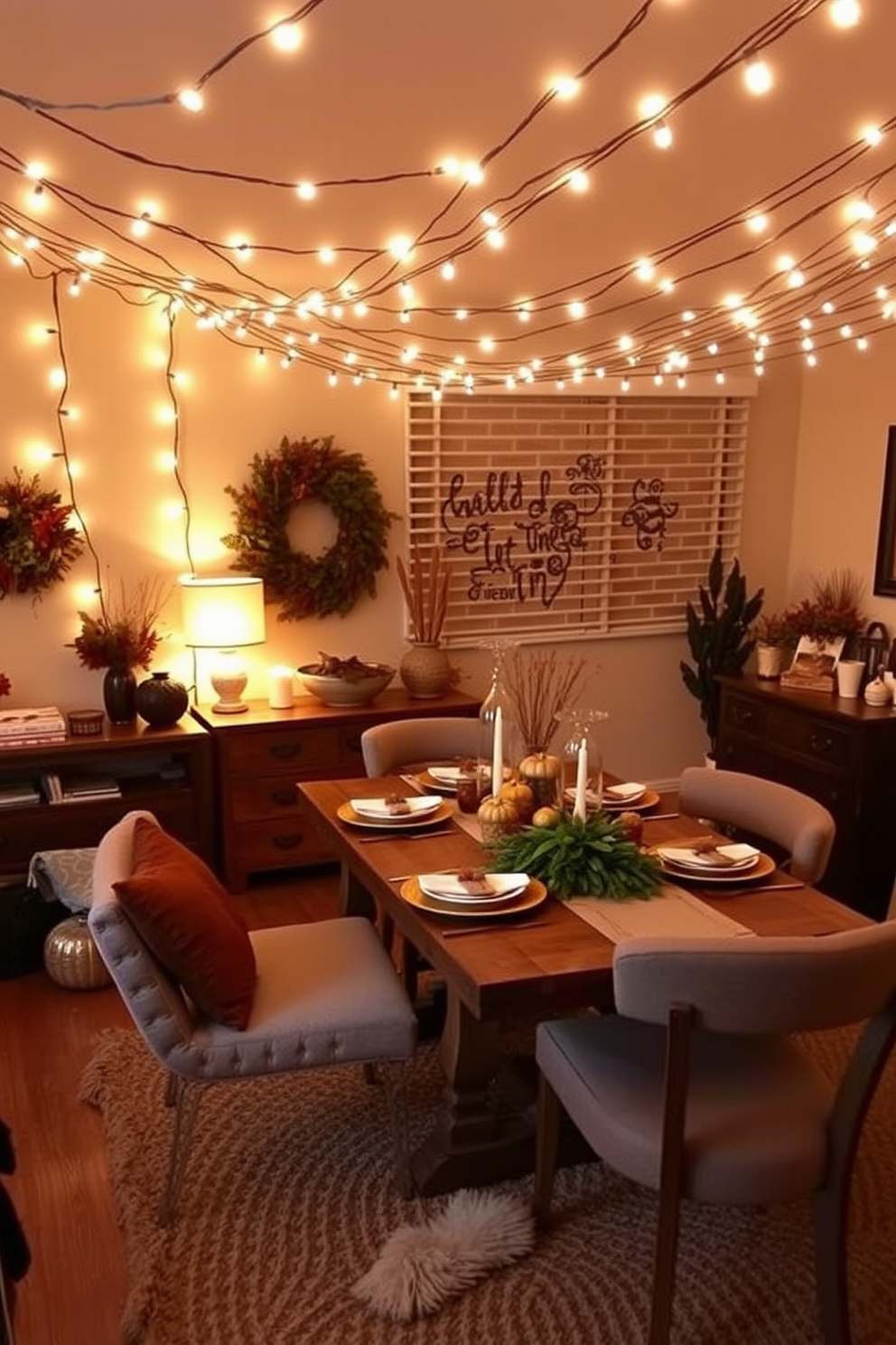 Create a cozy Thanksgiving apartment setting adorned with string lights that cast a warm glow throughout the space. Incorporate a rustic dining table set for a festive meal, surrounded by comfortable chairs and decorated with seasonal centerpieces.