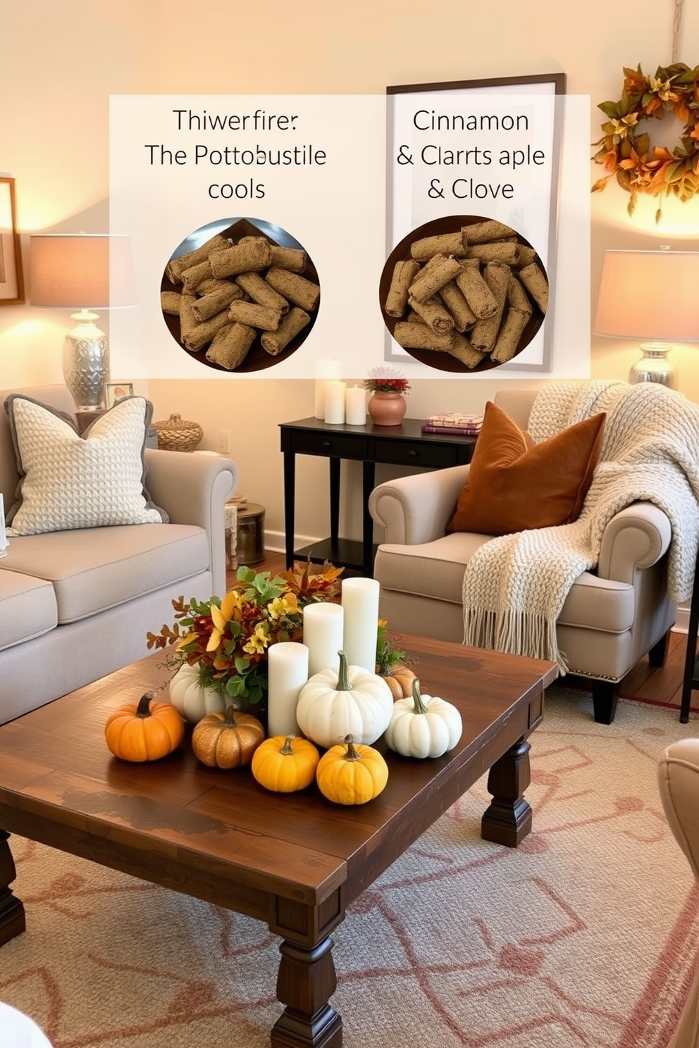 A cozy living room adorned with potpourri bowls filled with seasonal scents of cinnamon, apple, and clove. The space features warm autumnal colors, with plush throw pillows and a soft knitted blanket draped over a stylish armchair. Decorative elements include a rustic wooden coffee table topped with a centerpiece of mini pumpkins and candles. Soft lighting enhances the inviting atmosphere, creating a perfect setting for Thanksgiving gatherings.