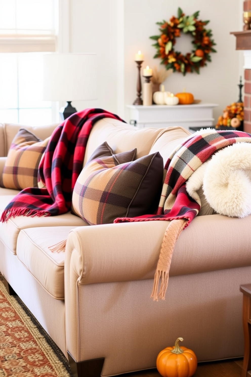 Cozy plaid throw blankets are draped over plush sofas, inviting warmth and comfort into the living space. The room is adorned with autumn-themed decor, featuring pumpkins and candles that enhance the festive Thanksgiving atmosphere.