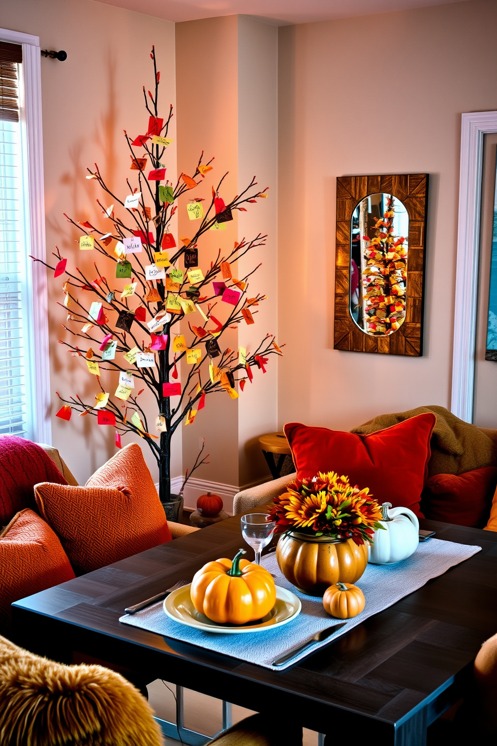 A thankful tree stands in the corner of a cozy apartment, adorned with colorful notes expressing gratitude from family members. The tree is surrounded by warm, ambient lighting and festive decorations that enhance the Thanksgiving spirit. In the living area, a beautifully set dining table features autumn-themed centerpieces, complete with pumpkins and seasonal foliage. Plush cushions and throws in rich, warm colors invite family and friends to gather and celebrate together.