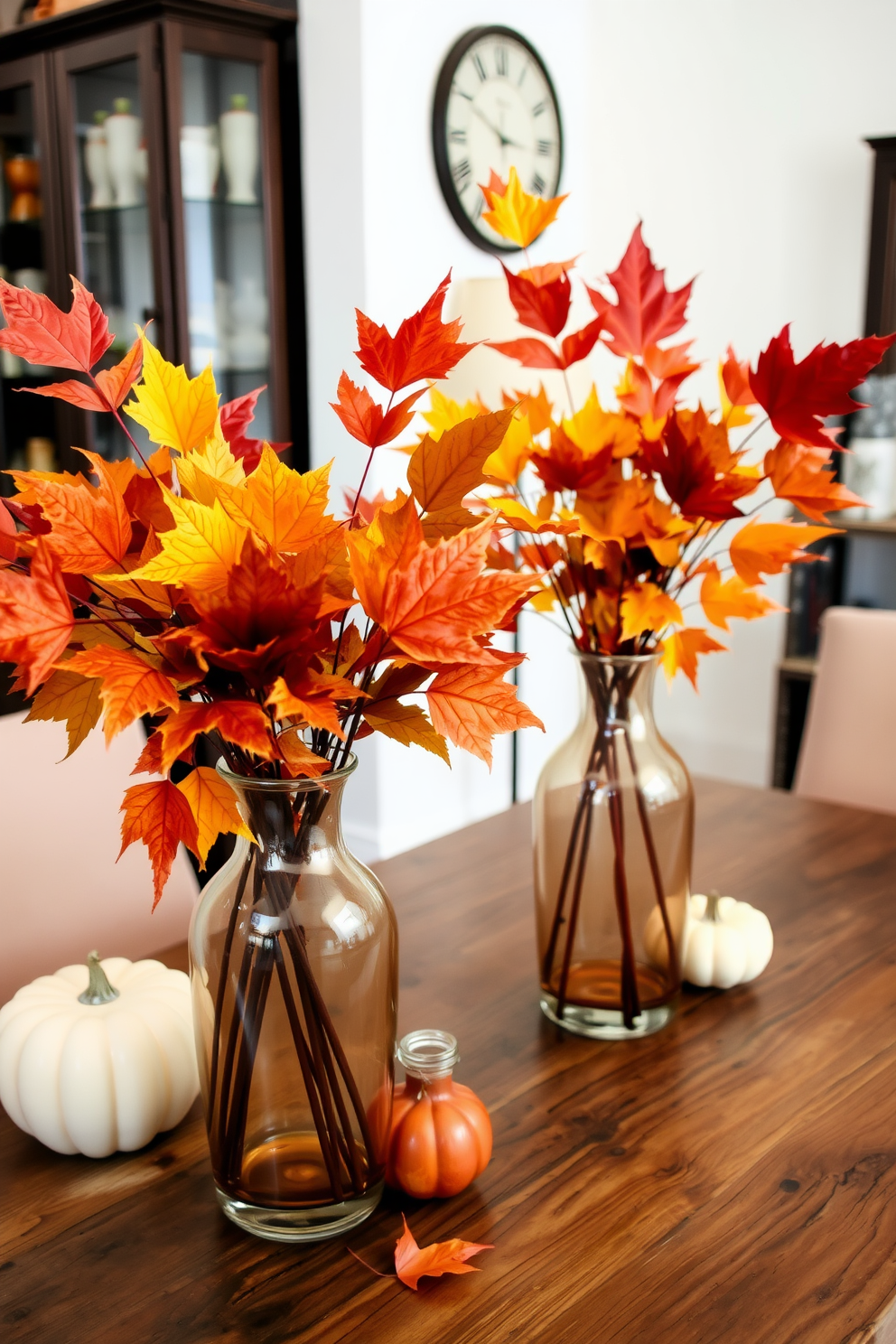 A cozy apartment setting adorned with colorful fall leaves arranged in elegant glass vases. The vases are placed on a rustic wooden table, enhancing the warm ambiance of the Thanksgiving celebration.