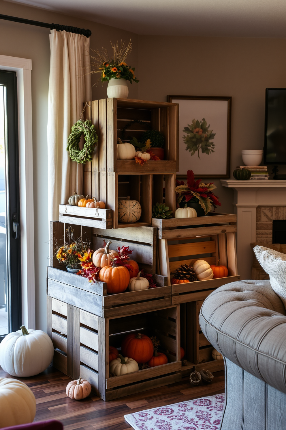 Wooden crates are stacked creatively in a cozy living room, showcasing seasonal decorations and autumn-themed accents. Soft, warm lighting illuminates the space, enhancing the rustic charm of the crates filled with pumpkins, gourds, and colorful leaves.