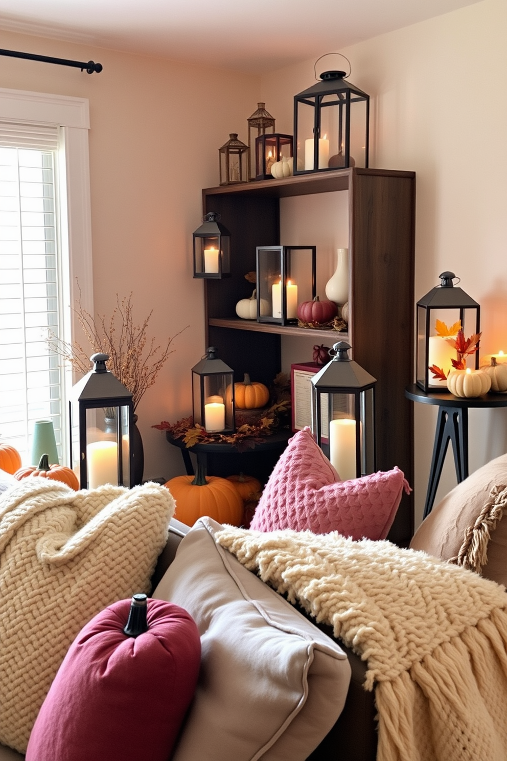 Decorative lanterns cast a warm glow throughout the cozy apartment space. They are placed strategically on shelves and tables, enhancing the inviting atmosphere of the Thanksgiving decor. The apartment is adorned with autumn-themed decorations, including pumpkins and colorful leaves. Plush throw pillows and blankets add comfort to the seating areas, creating a perfect setting for family gatherings.