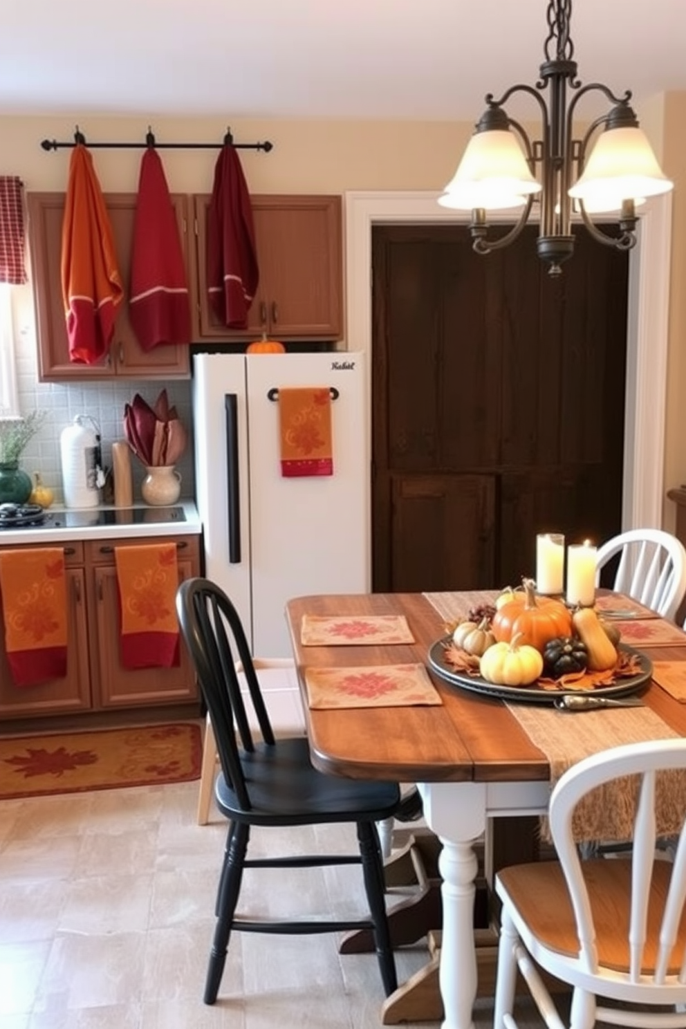 A cozy kitchen adorned with autumn-themed towels and mats creates a warm and inviting atmosphere. The towels feature rich colors like burnt orange and deep red, while the mats are decorated with leaves and pumpkins, enhancing the festive spirit. In the dining area, a rustic wooden table is set with seasonal decor, including a centerpiece of gourds and candles. Soft lighting casts a gentle glow, making the space perfect for Thanksgiving gatherings with family and friends.