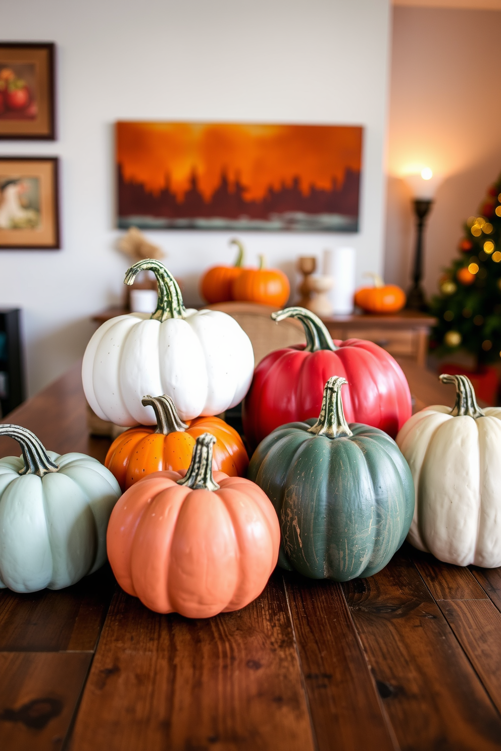 Create a cozy Thanksgiving apartment setting featuring DIY painted pumpkins in various colors and sizes arranged on a rustic wooden table. The backdrop includes warm-toned wall art and soft, ambient lighting that enhances the festive atmosphere.