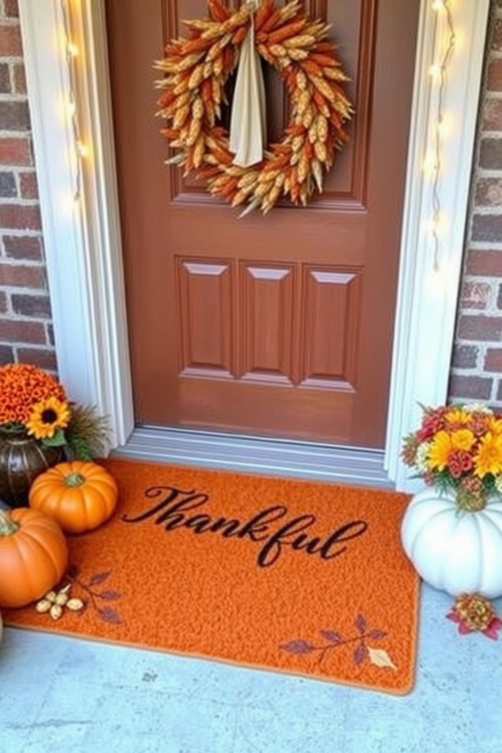 Seasonal door mats with greetings for Thanksgiving are a warm welcome to any home. Picture a cozy entryway adorned with a rich orange mat featuring the words Thankful in elegant script, surrounded by autumn leaves and pumpkins. Enhance the apartment decor with complementary elements such as a wreath made of dried corn and vibrant fall flowers. Add soft lighting with string lights to create an inviting atmosphere that celebrates the season.