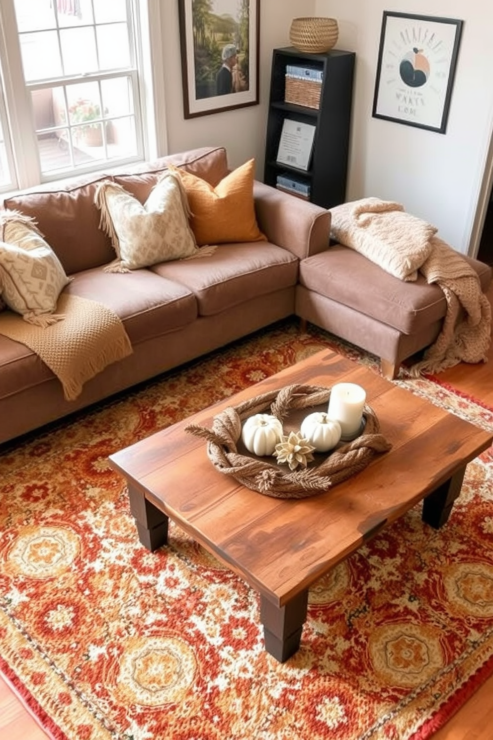 Create a cozy Thanksgiving apartment setting that features layered rugs in warm earth tones. The rugs should be placed in a living area with a plush sofa, accent pillows, and a rustic coffee table adorned with seasonal decorations.