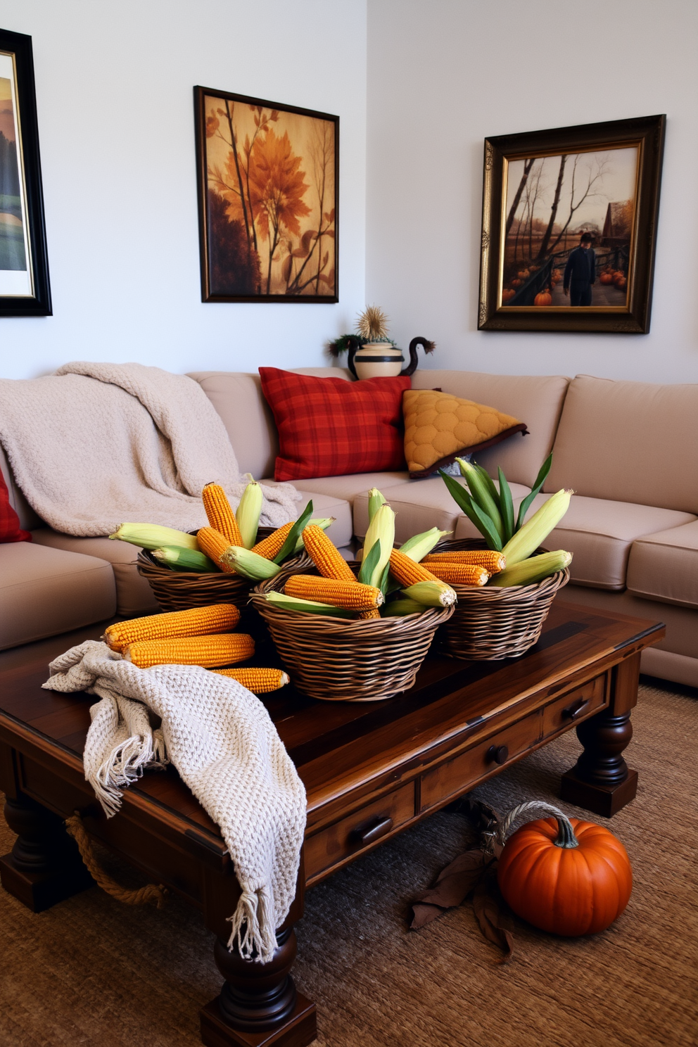 A cozy living room setting featuring baskets filled with harvest corn arranged on a rustic wooden coffee table. The walls are adorned with warm autumn-themed artwork, and a soft throw blanket drapes over a plush sofa to enhance the festive atmosphere.