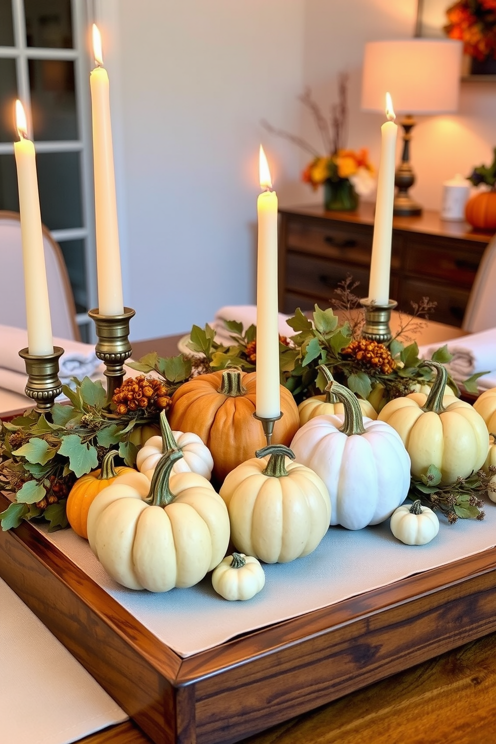 Mini pumpkins as table centerpieces create a warm and inviting atmosphere for Thanksgiving celebrations. Arrange various sizes of pumpkins on a rustic wooden tray, accompanied by candles and autumn foliage for a festive touch. Incorporate soft, neutral table linens to complement the vibrant colors of the pumpkins. Add decorative elements like small gourds and seasonal flowers to enhance the overall aesthetic of the apartment decor.
