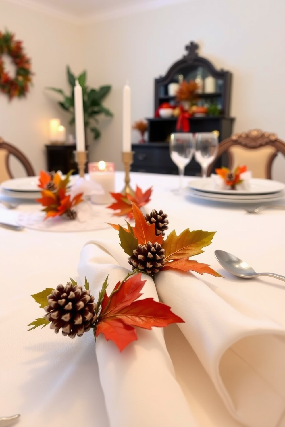 Festive napkin rings designed for a Thanksgiving dining table. The rings are adorned with autumn leaves and small pinecones, adding a warm touch to the table setting. The dining table is elegantly set with a crisp white tablecloth and matching dinnerware. Soft candlelight flickers in the background, enhancing the cozy atmosphere of the apartment.