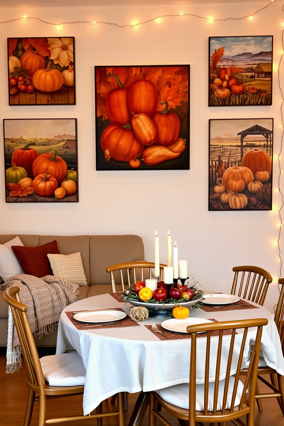 Harvest themed wall art adorns the walls of a cozy apartment living room, featuring vibrant prints of pumpkins, autumn leaves, and rustic farm scenes. A warm color palette of oranges, browns, and golds enhances the inviting atmosphere, complemented by plush throw pillows and a knitted blanket on the sofa. The dining area showcases a beautifully set table with a centerpiece of seasonal fruits and candles, creating a festive ambiance for Thanksgiving gatherings. Surrounding the table are wooden chairs with soft cushions, while the walls are accented with string lights to add a touch of warmth.