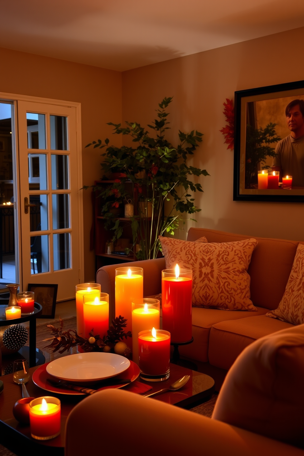 A cozy apartment setting adorned with candles in warm fall colors placed on various tables. The atmosphere is inviting, with soft lighting enhancing the rich hues of orange, red, and yellow from the candles, creating a festive Thanksgiving ambiance.