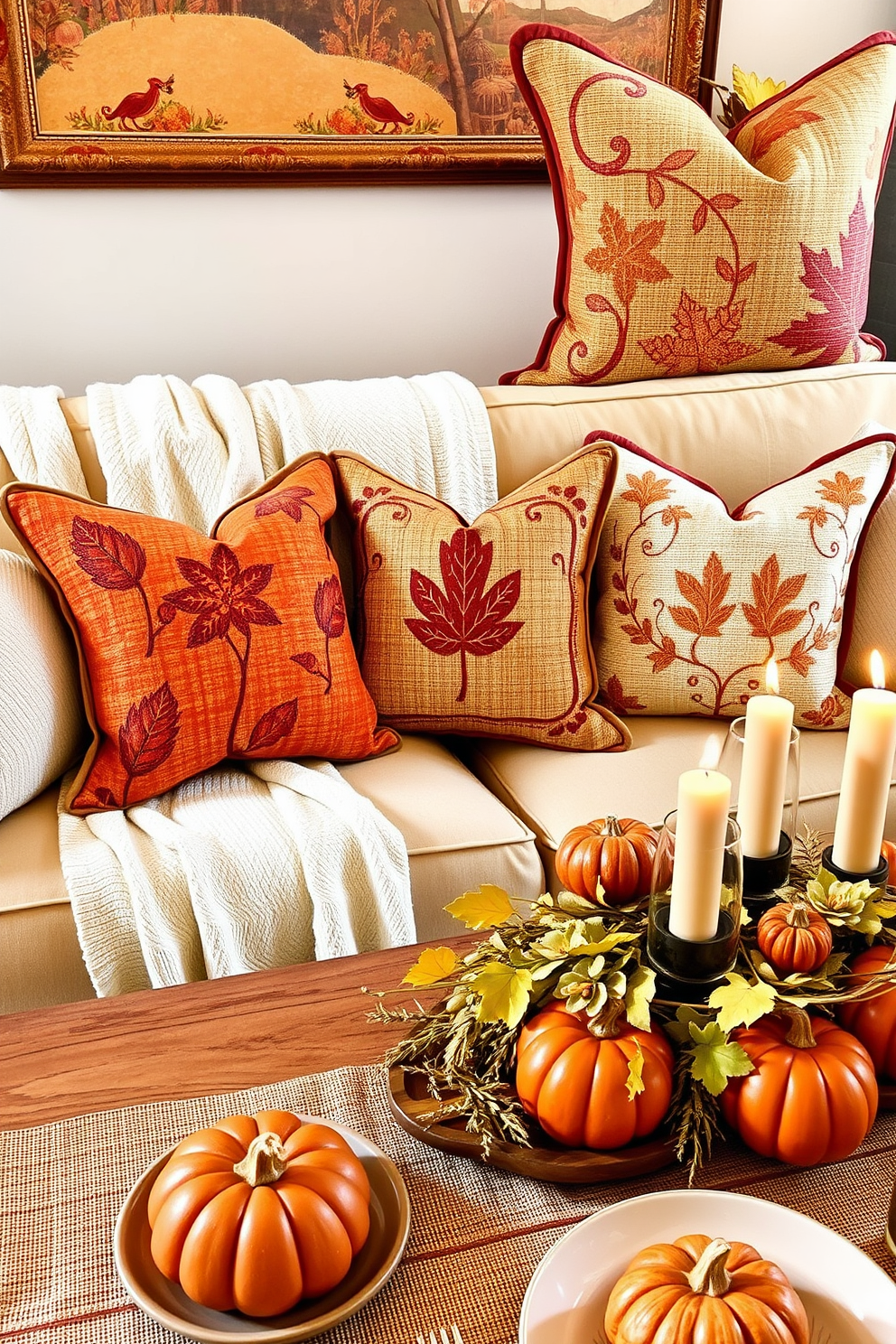 Thanksgiving themed decorative pillows with rich autumn colors such as deep orange and warm brown. The pillows feature intricate leaf patterns and seasonal motifs, arranged on a cozy sofa adorned with a soft cream throw blanket. Thanksgiving apartment decorating ideas that incorporate natural elements like pumpkins and gourds as centerpieces. Warm candlelight and rustic table settings create an inviting atmosphere for family gatherings during the holiday season.