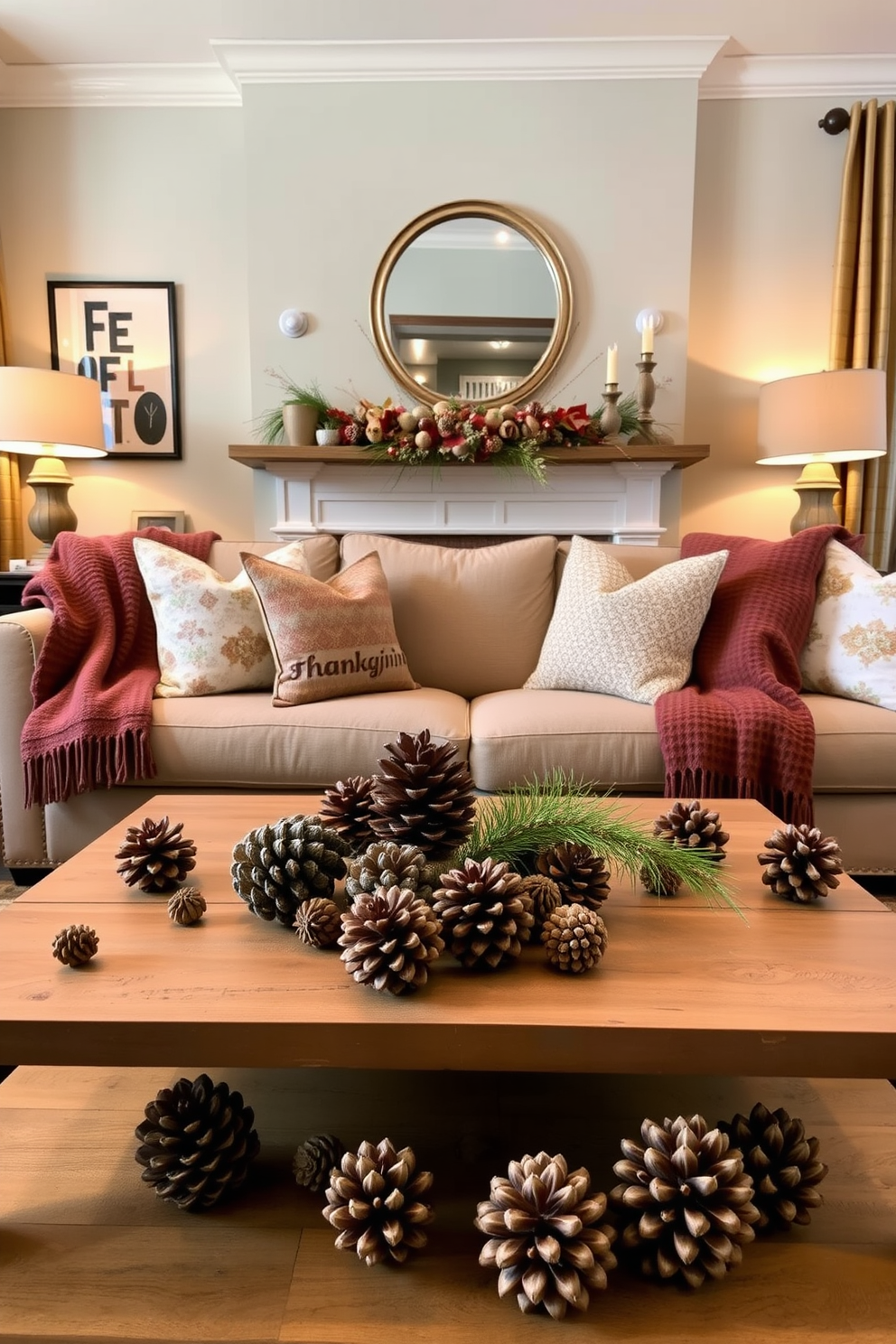 A cozy living room adorned with natural pine cones scattered across the coffee table. Warm, earthy tones dominate the decor, complemented by soft throw blankets and plush cushions on a comfortable sofa. On the mantelpiece, a rustic arrangement of pine cones mixed with seasonal foliage adds a festive touch. The ambiance is enhanced by warm lighting from stylish lamps, creating an inviting atmosphere for Thanksgiving gatherings.