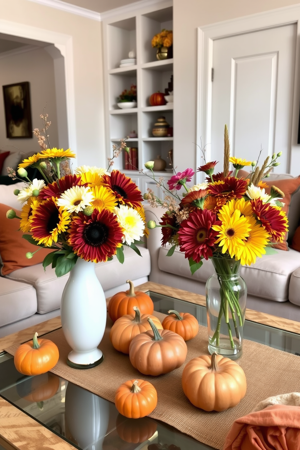 A cozy living room adorned with fall floral arrangements in elegant vases. The vases are filled with vibrant autumn blooms like sunflowers, chrysanthemums, and dahlias, creating a warm and inviting atmosphere. The coffee table is decorated with a rustic runner and small pumpkins scattered around the vases. Plush throw pillows in rich earth tones complement the seasonal decor, enhancing the Thanksgiving spirit in the apartment.