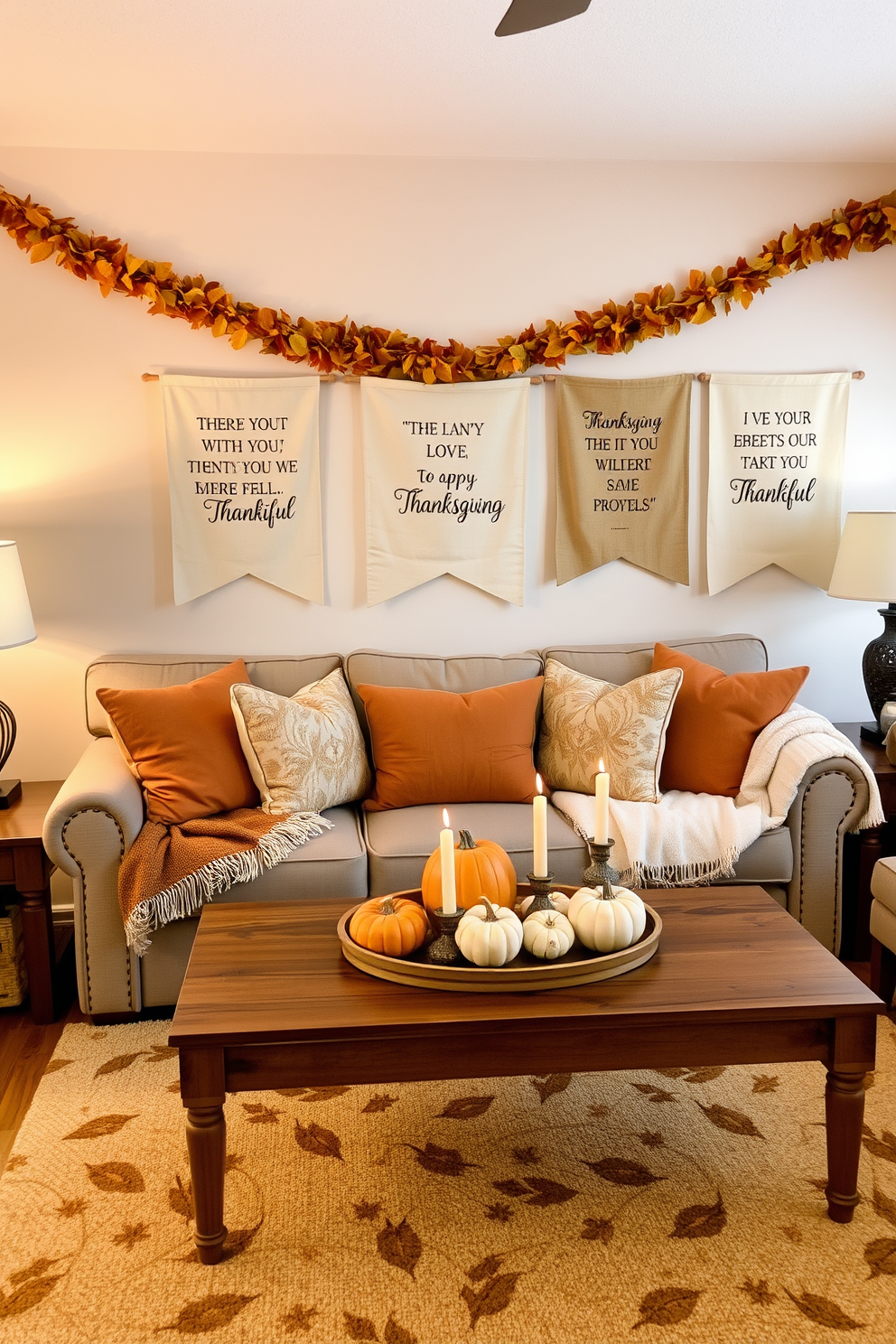 A cozy apartment living room decorated for Thanksgiving. There are quote banners hanging on the walls that celebrate gratitude, and garlands of autumn leaves draped over the furniture. The sofa is adorned with warm-toned throw pillows and a soft blanket. A wooden coffee table is set with a centerpiece of pumpkins and candles, creating a festive atmosphere.