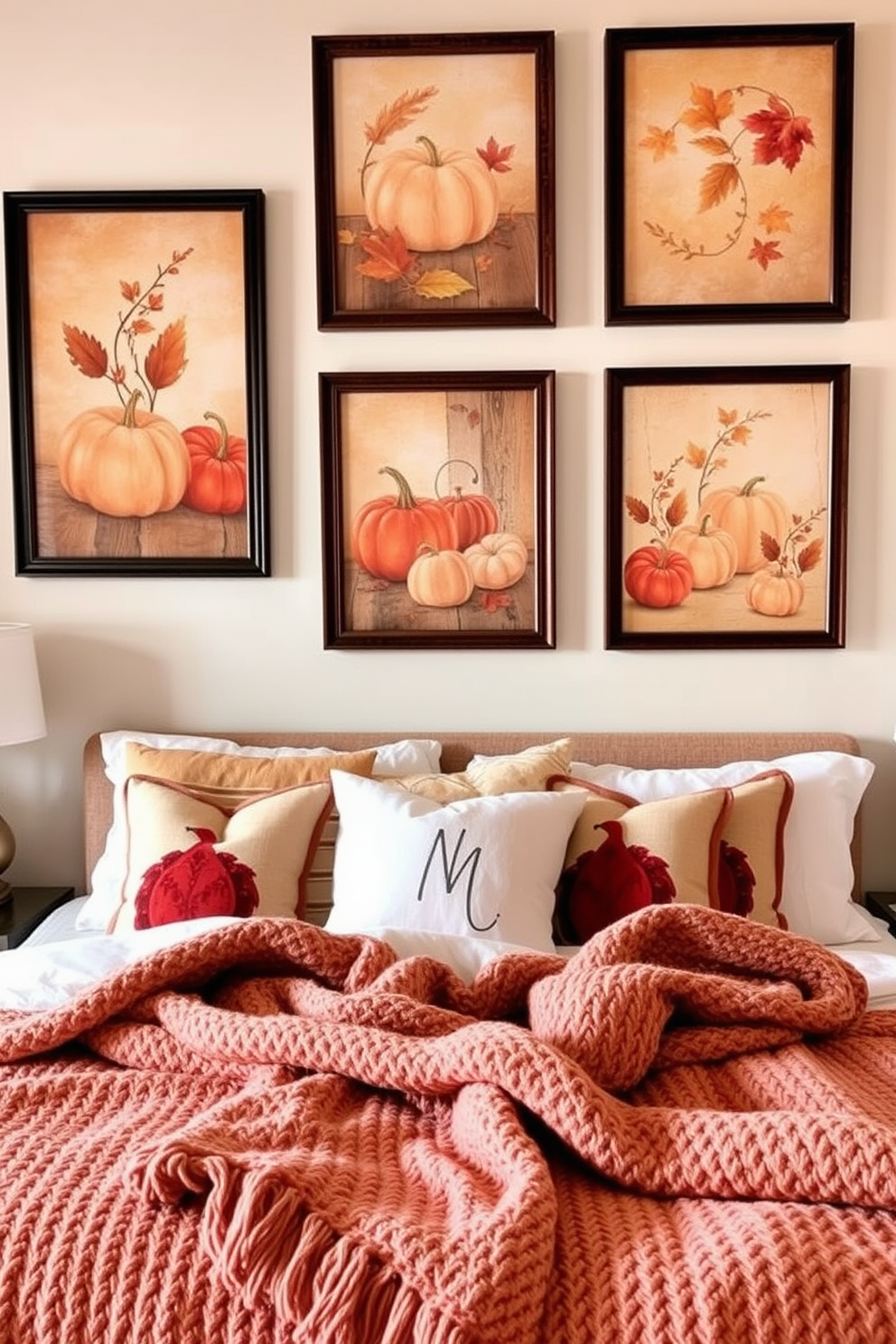 Thanksgiving themed wall art featuring warm autumn colors and rustic elements such as pumpkins and falling leaves. The prints should evoke a cozy atmosphere, perfect for celebrating the holiday spirit in a bedroom setting. Thanksgiving bedroom decorating ideas incorporating soft, earthy tones and seasonal accents. Include plush throw pillows with turkey motifs and a warm knitted blanket draped over the bed for a festive touch.