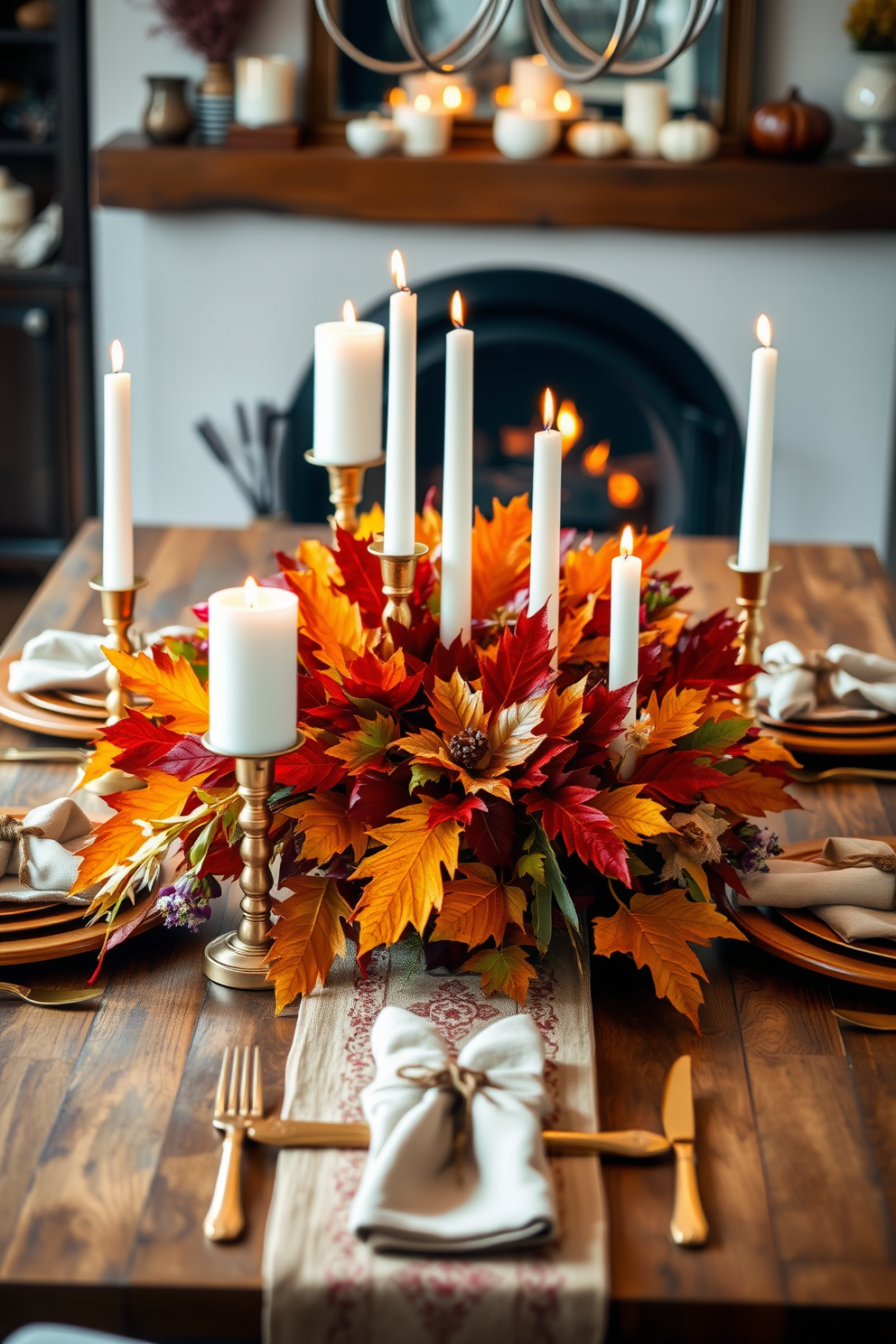 A warm and inviting living room adorned with seasonal colors of orange, gold, and deep red. Plush cushions and throws in these hues are scattered across a comfortable sofa, while a rustic wooden coffee table holds a centerpiece of pumpkins and autumn leaves. The walls are decorated with framed autumn-themed artwork, and a soft area rug in warm tones anchors the space. Candles in varying heights flicker on the mantel, creating a cozy ambiance perfect for Thanksgiving gatherings.