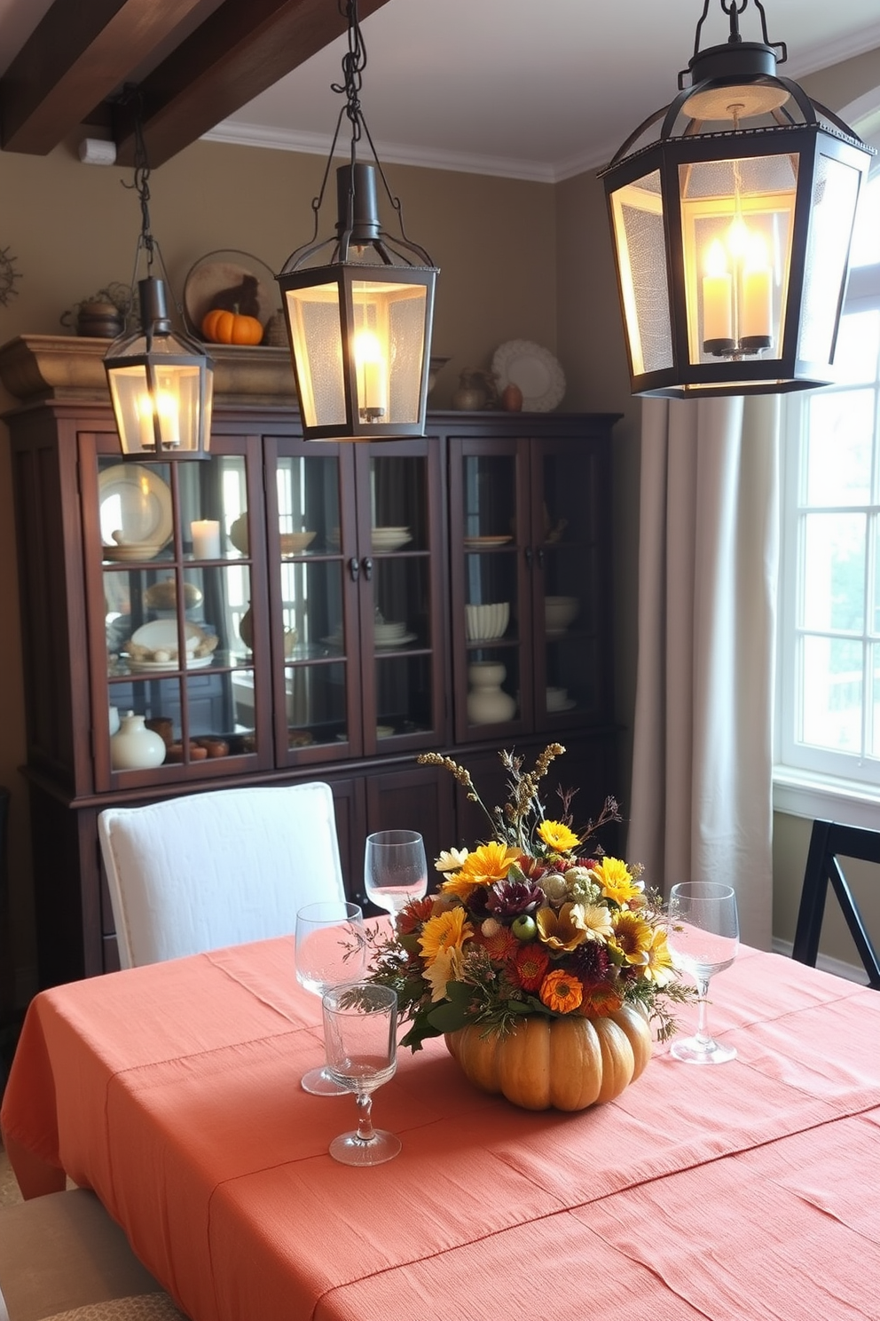 A beautifully set dining table for Thanksgiving featuring a mix of vintage tableware styles. Elegant china plates with floral patterns are layered atop rustic wooden chargers, while mismatched glassware in various hues adds charm to the table setting. The centerpiece consists of a vibrant autumn arrangement of seasonal flowers and greenery, surrounded by small pumpkins and candles. Soft linen napkins in warm tones are artfully placed beside each setting, completing the inviting atmosphere.