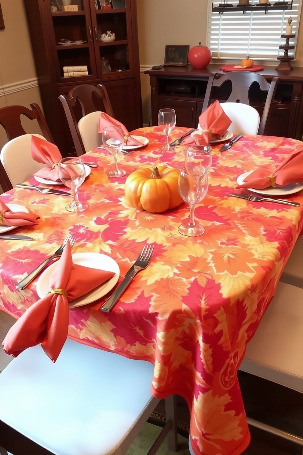 Create a cozy living room setting centered around a beautifully decorated mantel for Thanksgiving. The mantel is adorned with a mix of autumn leaves, pumpkins, and candles, creating a warm and inviting atmosphere. In front of the mantel, place a plush area rug with rich colors that complement the seasonal decor. Flank the mantel with tall, elegant candlesticks and a few framed family photos to add a personal touch.