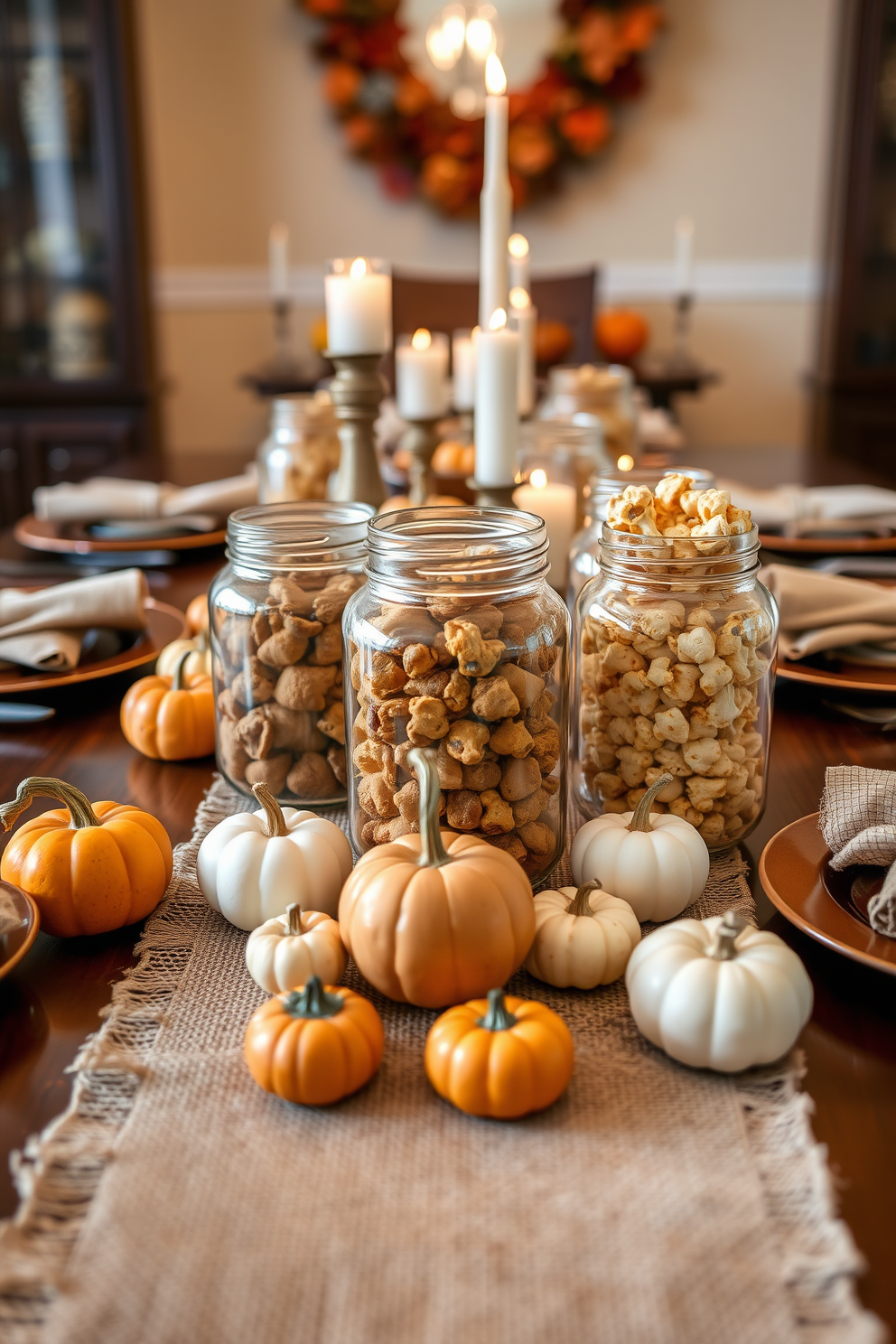 A warm and inviting living room adorned with seasonal art reflecting the spirit of Thanksgiving. The walls are decorated with framed autumn-themed paintings featuring pumpkins, falling leaves, and harvest scenes, creating a cozy atmosphere. A rustic wooden mantel displays a collection of decorative gourds and candles in warm hues. Plush throw pillows in rich oranges and browns accent the seating area, inviting guests to relax and enjoy the festive decor.
