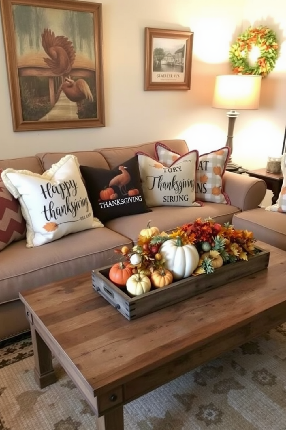 Create a cozy Thanksgiving setting featuring an assortment of candles placed on a rustic wooden dining table. The warm glow from the candles enhances the autumn-themed decorations, including pumpkins and vibrant fall foliage. Incorporate elegant candle holders made of brass or glass to add a touch of sophistication. Surround the table with comfortable chairs draped in soft, textured throws for an inviting atmosphere.