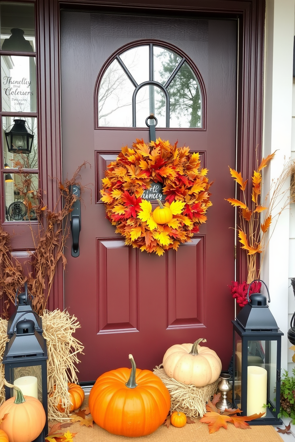 A beautiful Thanksgiving-themed centerpiece featuring a rustic wooden table adorned with an array of colorful autumn leaves. In the center, a large pumpkin serves as a vase, filled with vibrant flowers and surrounded by smaller gourds and candles for a warm glow. The table is set with elegant dinnerware, showcasing deep orange and gold accents that complement the seasonal theme. Soft, flickering candlelight adds a cozy ambiance, while scattered acorns and pinecones enhance the natural decor.
