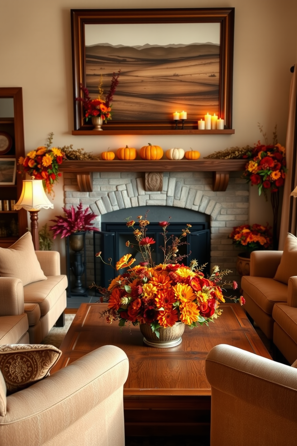 A warm and inviting Thanksgiving dining room setting. The table is elegantly set with a rich burgundy tablecloth and gold-rimmed plates, surrounded by plush upholstered chairs. Above the table, a stunning chandelier with crystal accents casts a soft glow. Metallic pumpkin centerpieces in gold and bronze add a touch of glamour to the festive decor.