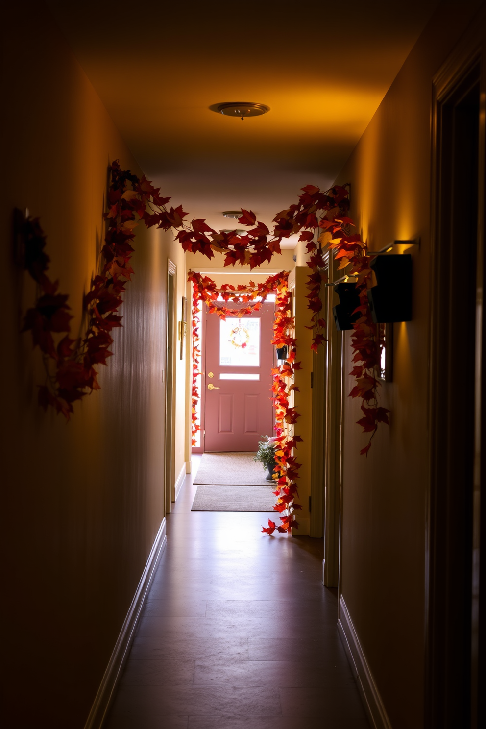 A warm and inviting hallway adorned with an autumn leaf garland gracefully draped along the walls. The vibrant colors of the leaves create a festive atmosphere, complemented by subtle lighting that enhances the seasonal decor.