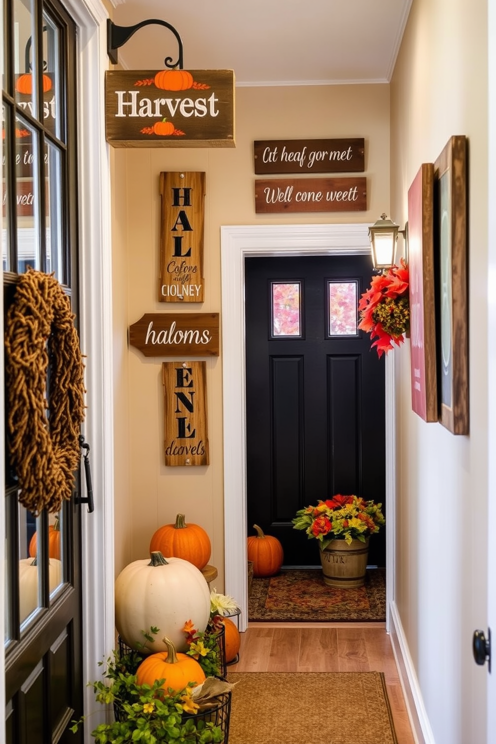 Harvest themed signs with inviting messages adorn the walls of a cozy hallway. Warm autumn colors and rustic textures create a welcoming atmosphere, complemented by decorative pumpkins and seasonal foliage.