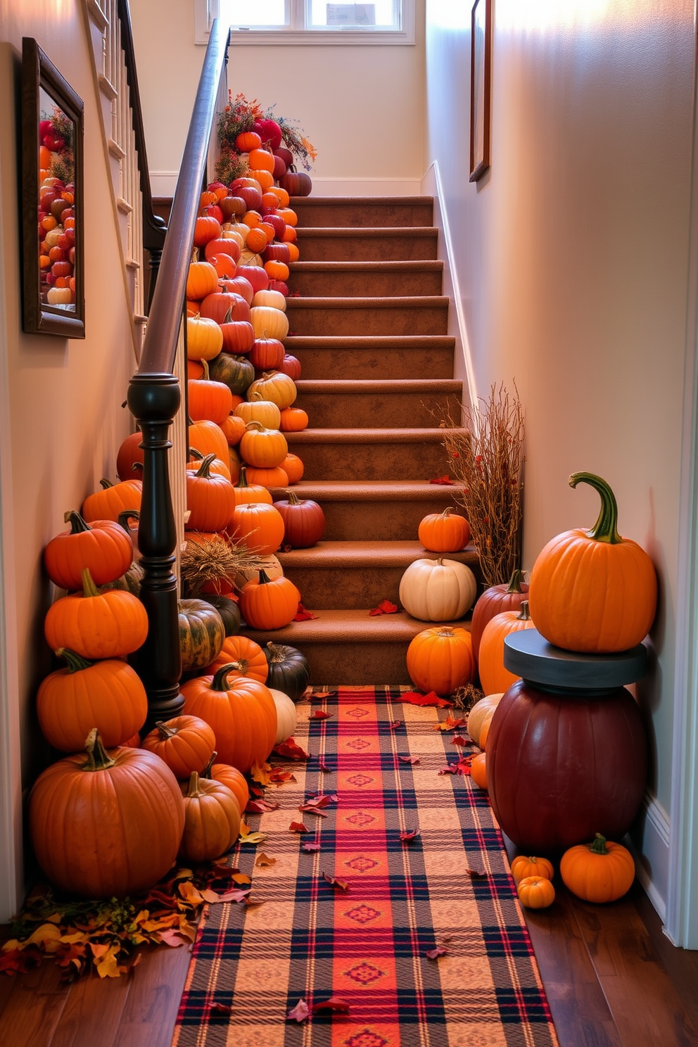 A vibrant display of colorful pumpkins in various sizes and hues is arranged along the staircase, creating a festive atmosphere. Soft, warm lighting highlights the pumpkins, enhancing their rich colors and inviting a sense of autumn cheer. The staircase is adorned with natural elements such as scattered autumn leaves and small gourds, complementing the pumpkins beautifully. A cozy plaid runner adds texture and warmth, making the hallway feel welcoming for Thanksgiving gatherings.