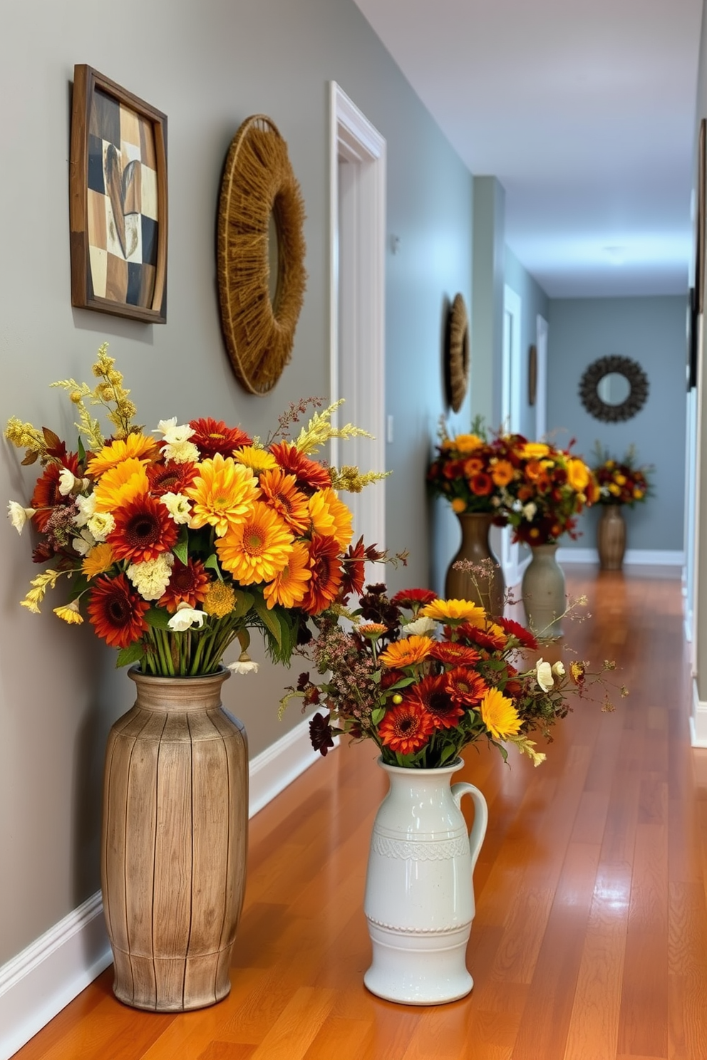 Floral arrangements in rustic vases are placed along the hallway, featuring seasonal blooms in warm autumn colors. The vases are made of weathered wood and ceramic, creating a cozy and inviting atmosphere for Thanksgiving.