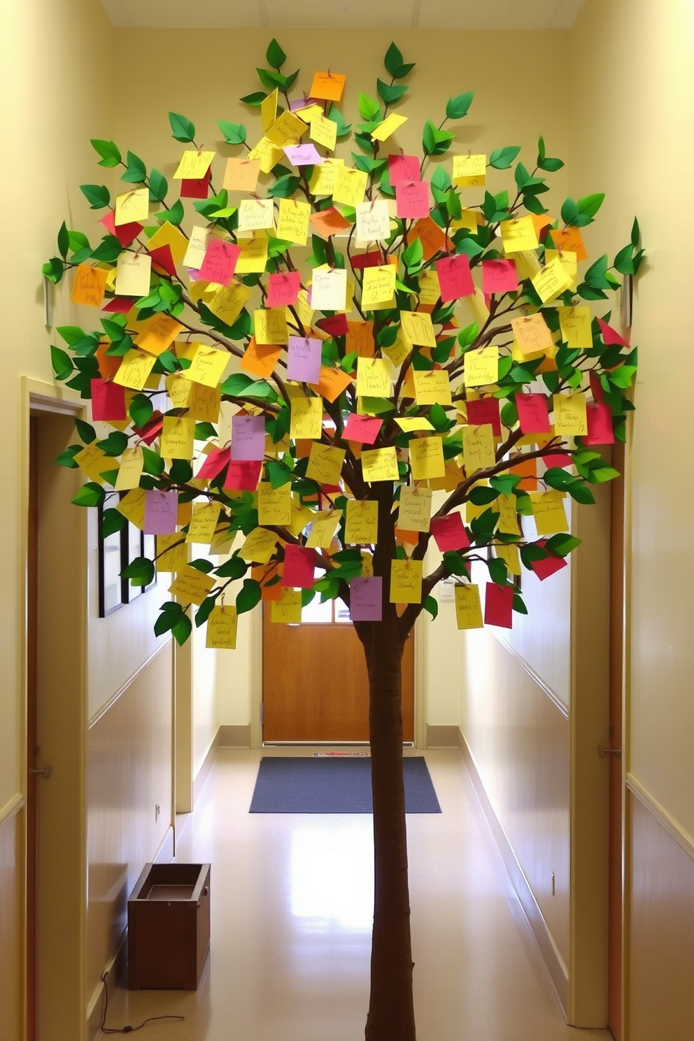 A warm and inviting hallway adorned with a thankful tree. The tree is decorated with handwritten notes expressing gratitude, hanging from its branches in various colors.