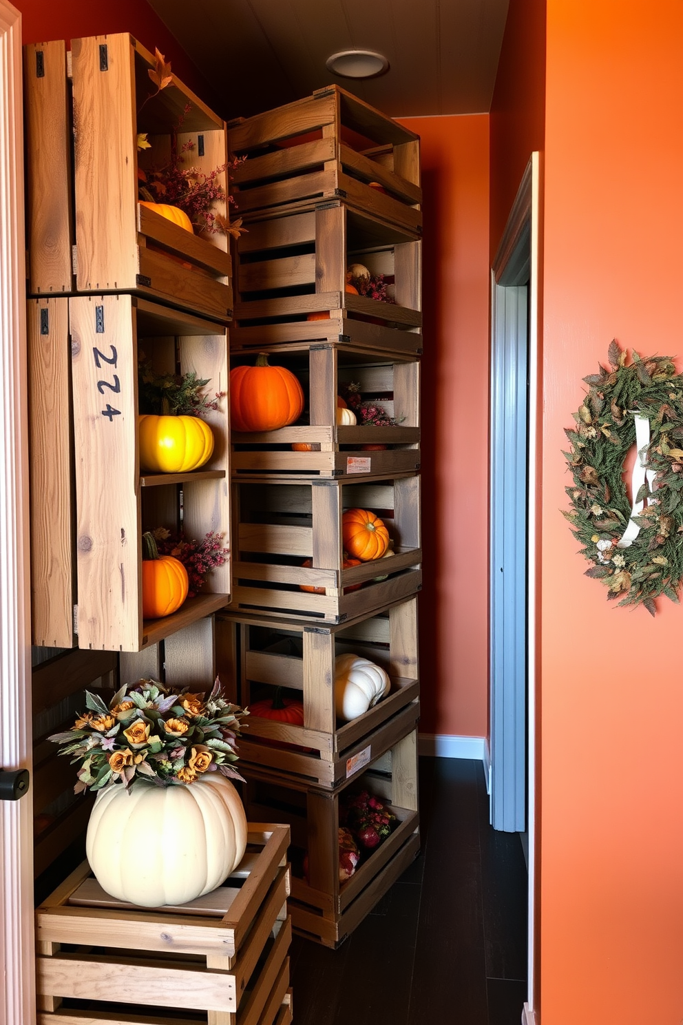 Wooden crates are stacked in a cozy hallway, filled with seasonal items like pumpkins, gourds, and autumn leaves. Warm, inviting colors dominate the space, with soft lighting highlighting the natural textures of the crates and decorations.