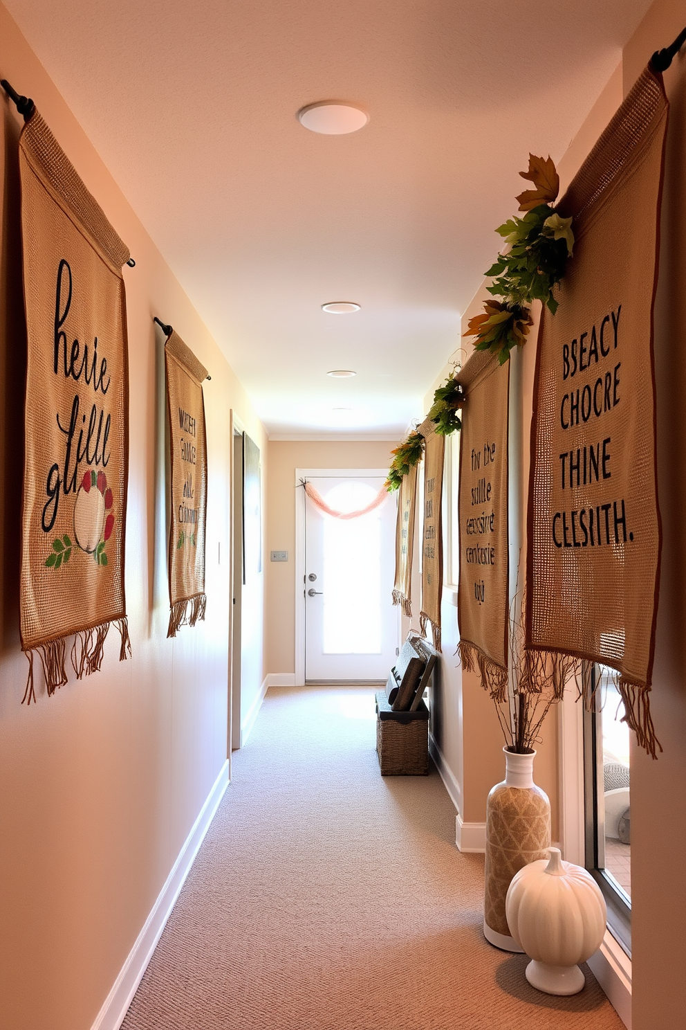 Burlap banners with festive sayings hang gracefully along the walls of a warmly lit hallway. The rustic texture of the burlap contrasts beautifully with the soft autumn colors of the decor, creating a welcoming atmosphere for guests.