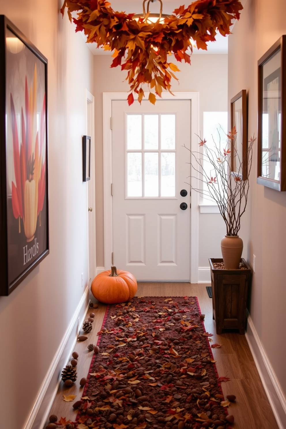 A warm and inviting hallway decorated for Thanksgiving features a natural theme with pinecones and acorns artfully scattered along the floor. The walls are adorned with autumn-themed artwork, and a garland of dried leaves hangs above the entryway, creating a cozy atmosphere.