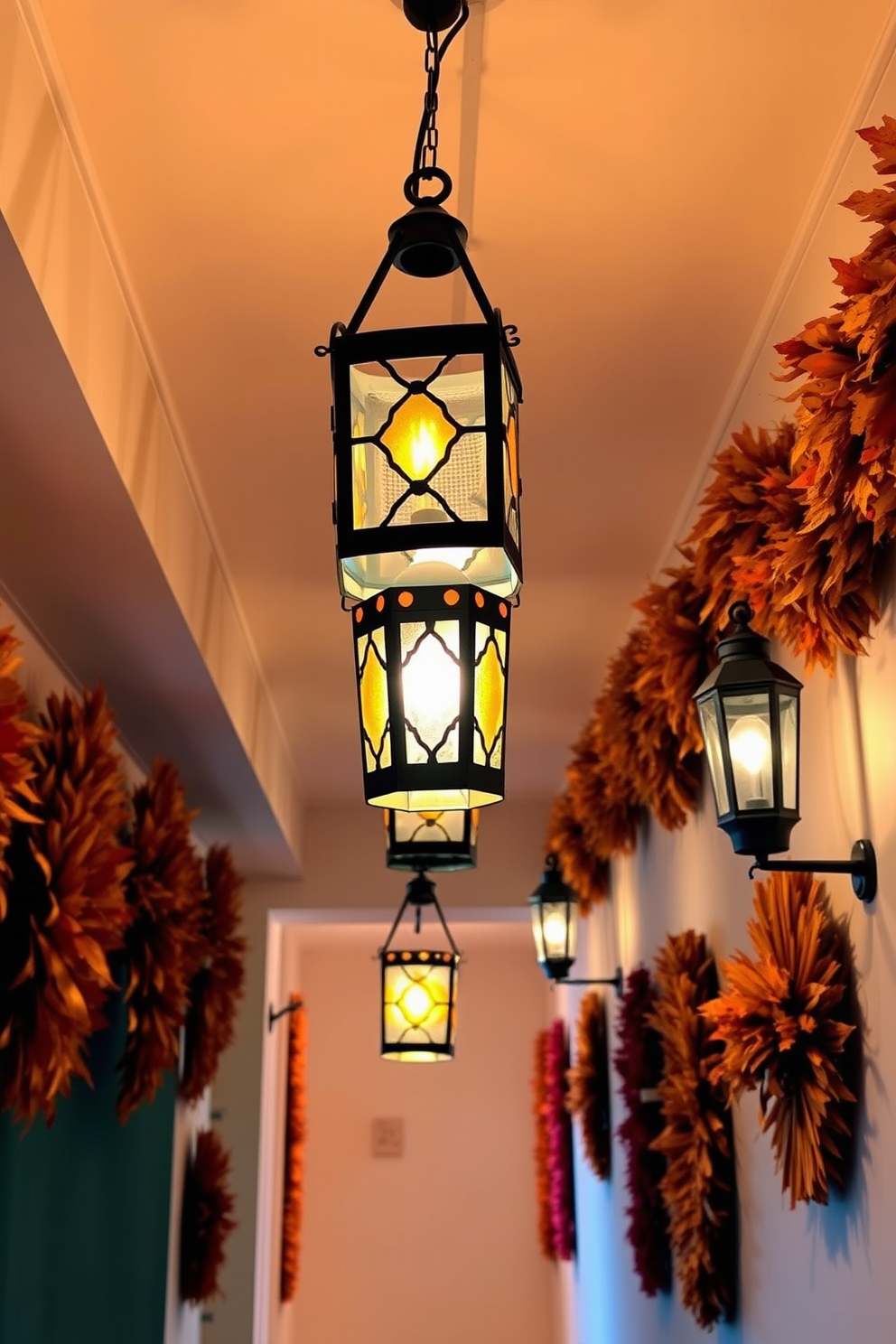 Hanging lanterns are suspended from the ceiling, casting a warm and inviting glow throughout the hallway. The walls are adorned with autumn-themed decorations, featuring rich oranges and deep browns that evoke the spirit of Thanksgiving.